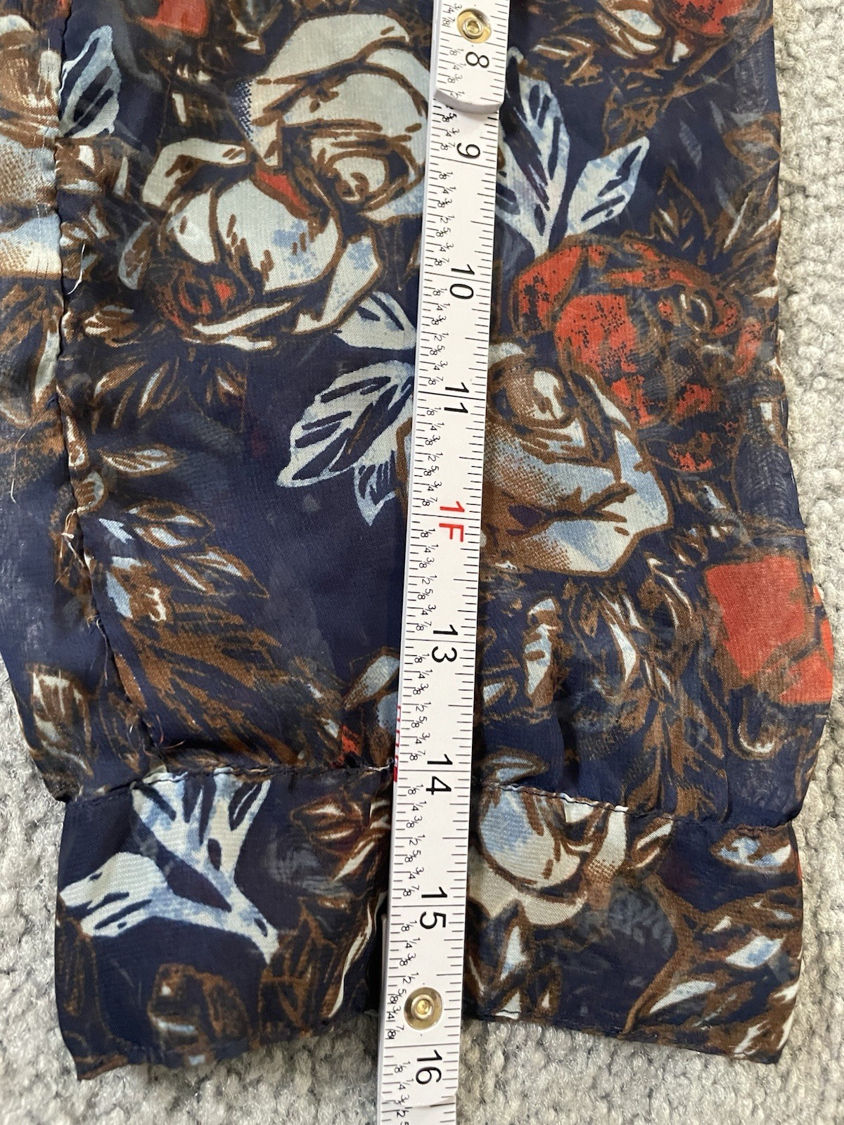 Falls Creek Pleated Floral Blouse Sz L Beige Red Sheer Front Tie 3/4 Sleeve Boho