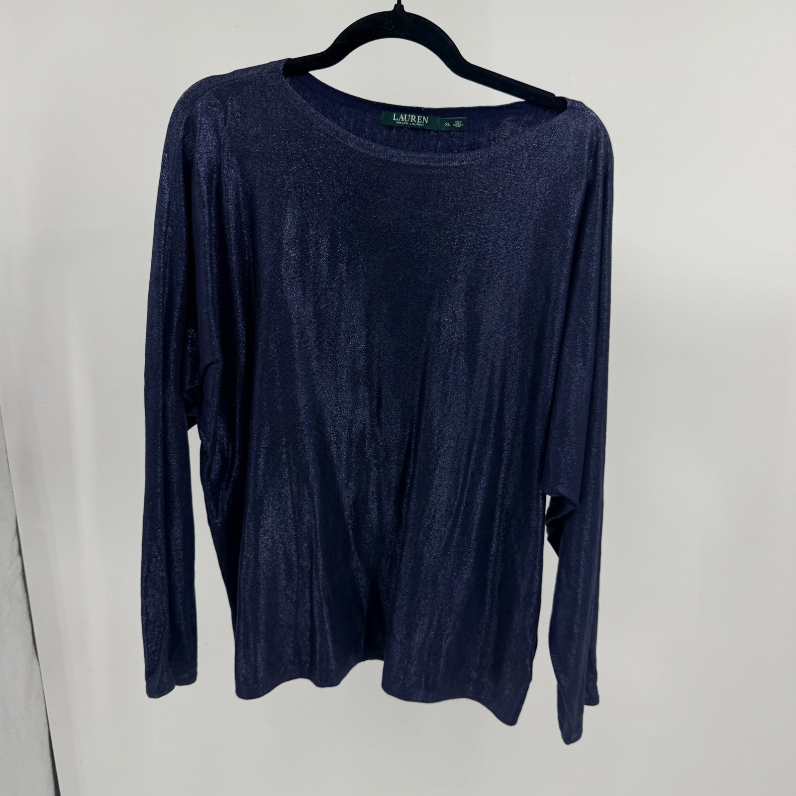 Lauren Ralph Lauren Navy Blue Metallic Shimmer Dolman Knit Top XL Boat Neck