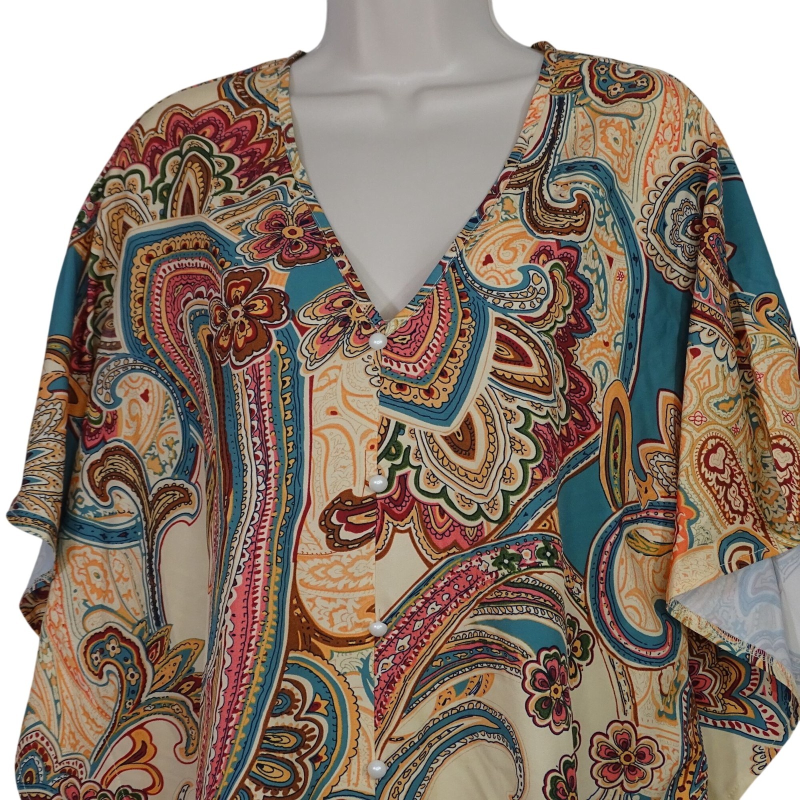 Paisley Tan Green V-Neck Blouse Pullover Dolman Sleeves Women Size L Loose Fit