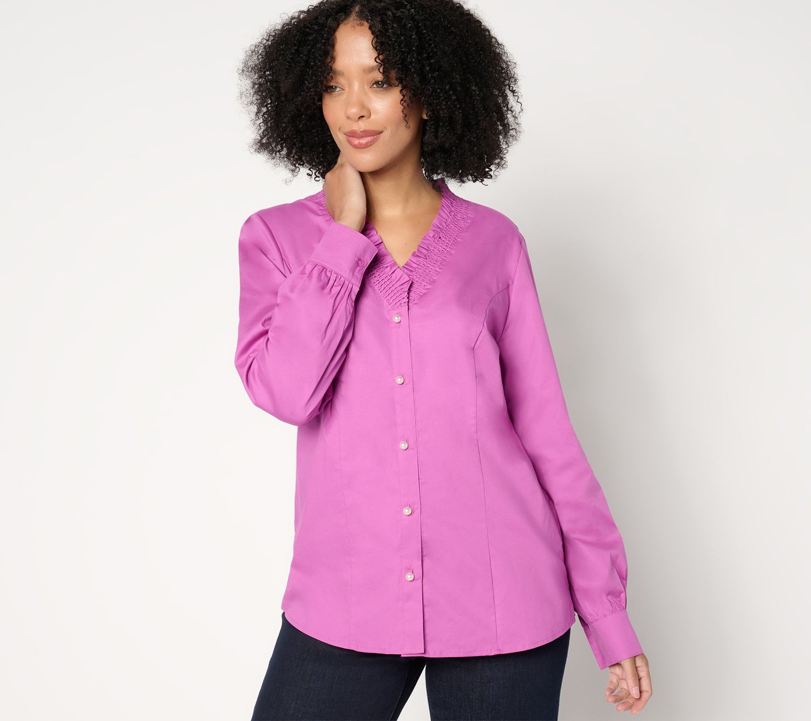 Denim & Co. Signature Poplin Ruffle V-Neck Shirt w/ Buttons Pink Berry M New