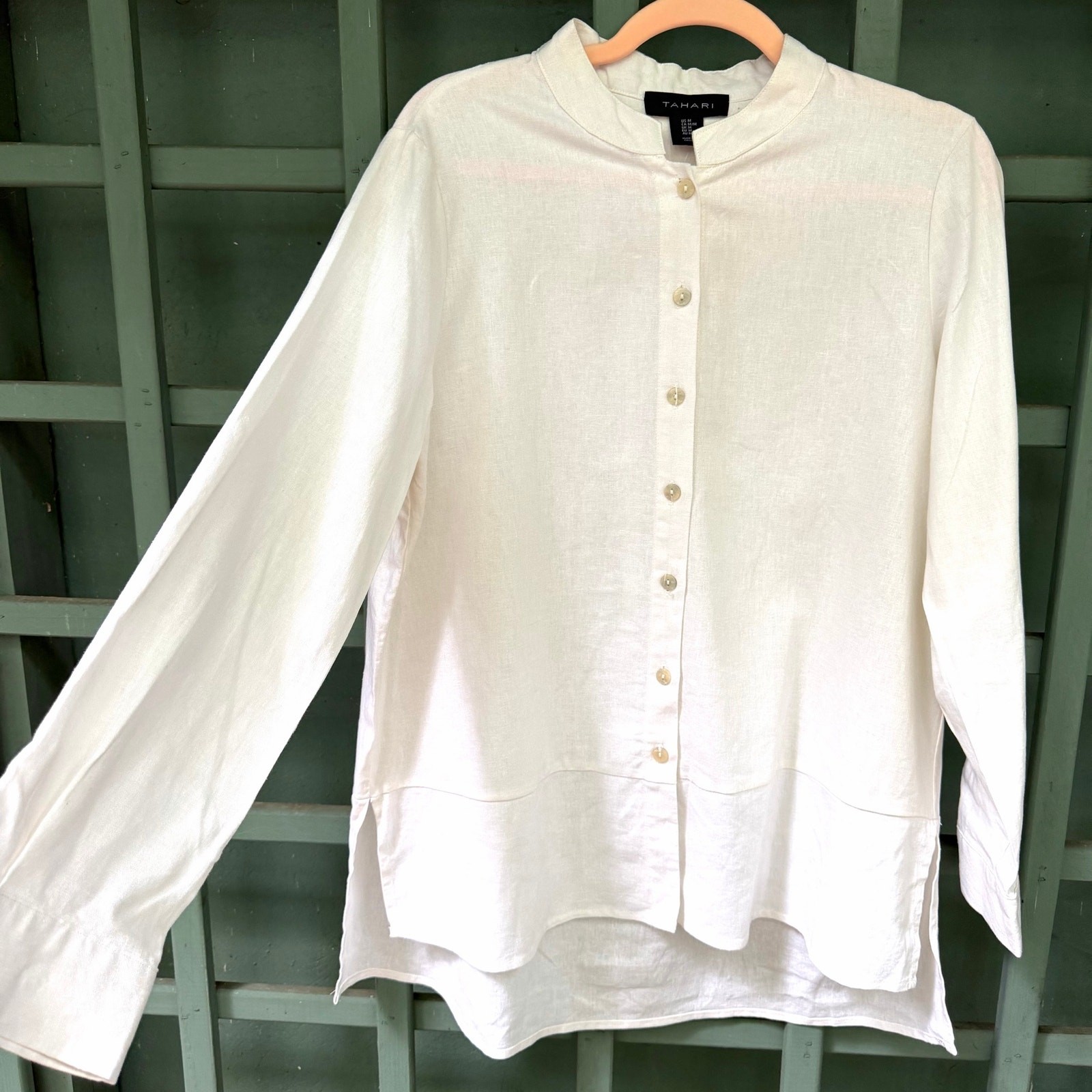 Tahari White Linen Mandarin Collar Tunic Blouse SzM Coastal Quiet Luxury