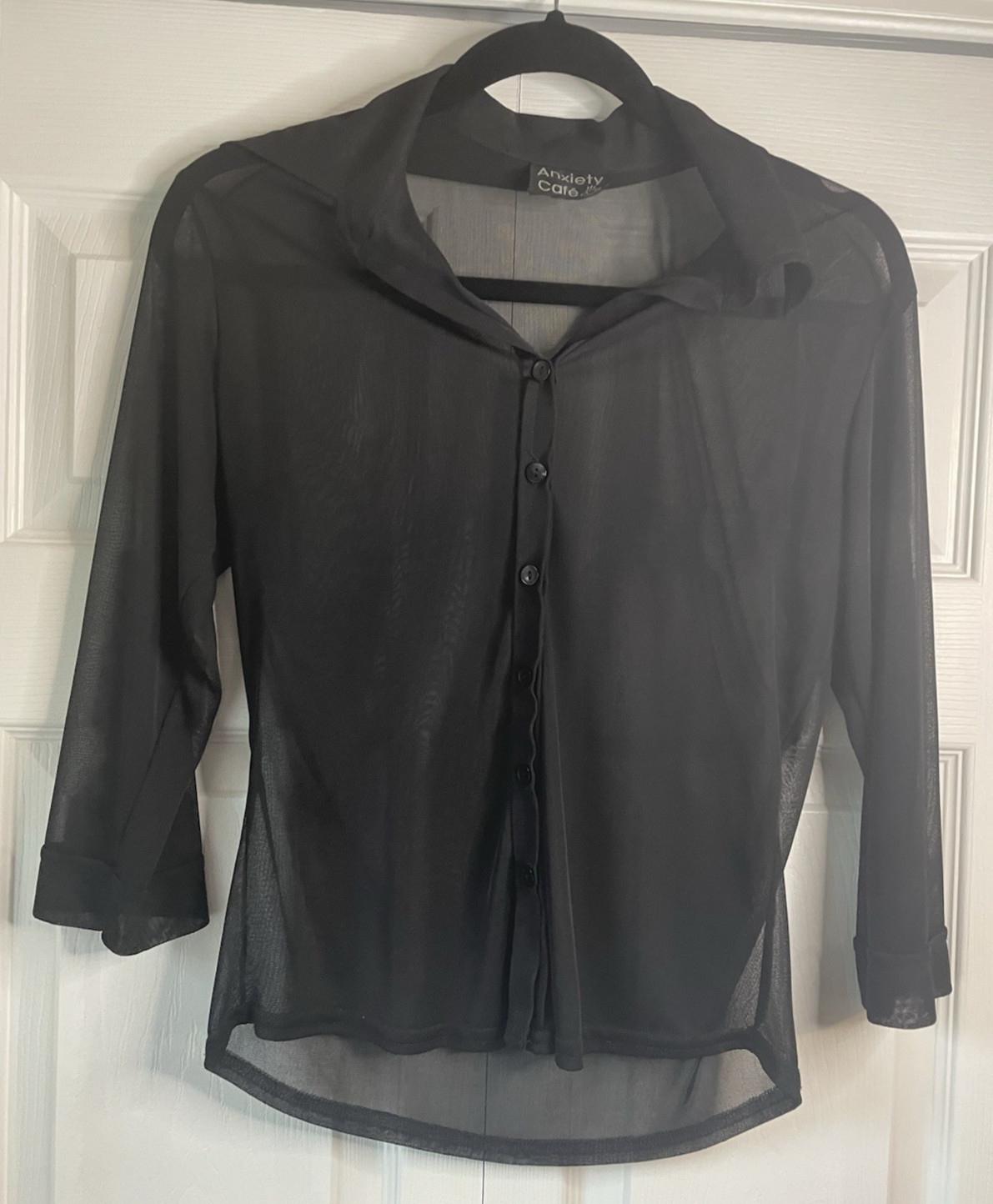 Anxiety Café Black Sheer Shirt Button Front Long Sleeve Collared Top