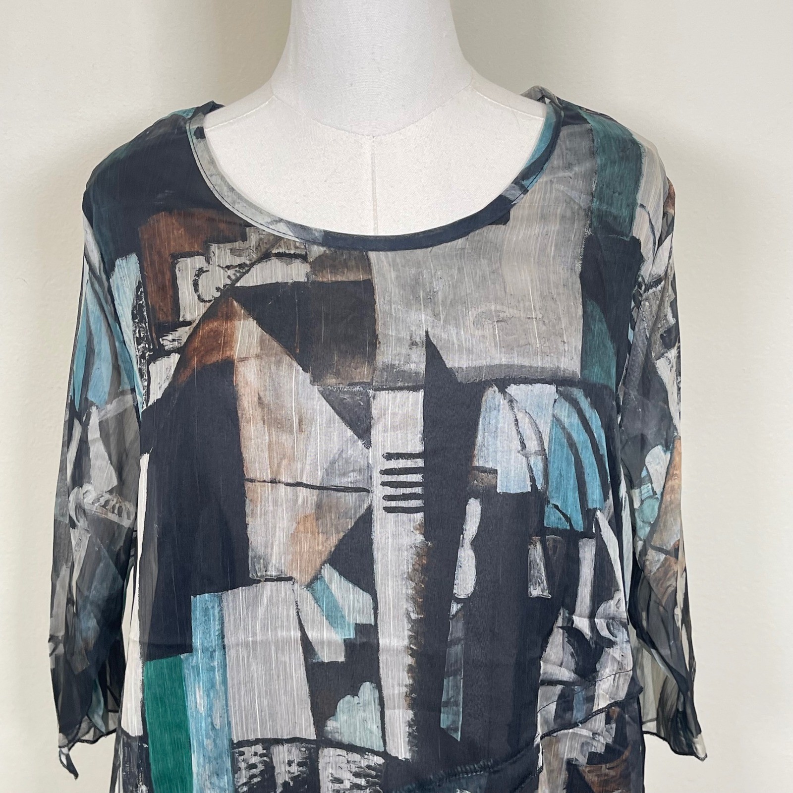 Pretty Angel Silk Abstract Geometric Tunic Womens M Multi Color Lagenlook Art