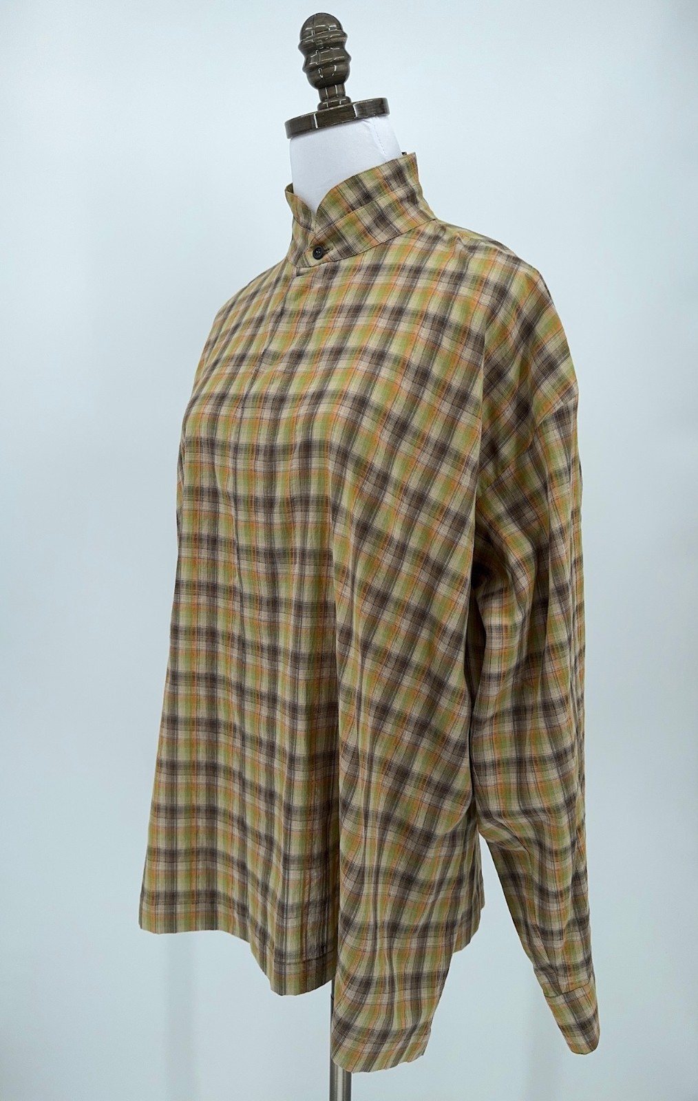 Eskandar Multicolor Check Cotton Double Stand Collar Slim A Line Shirt Sz 2 NEW
