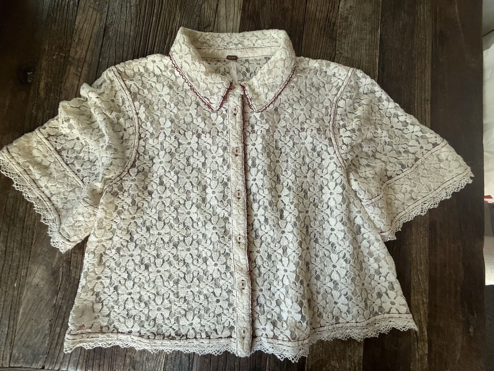 Free People Mannie Ivory Lace Collared Boxy Crop Button Down Shirt Top Small