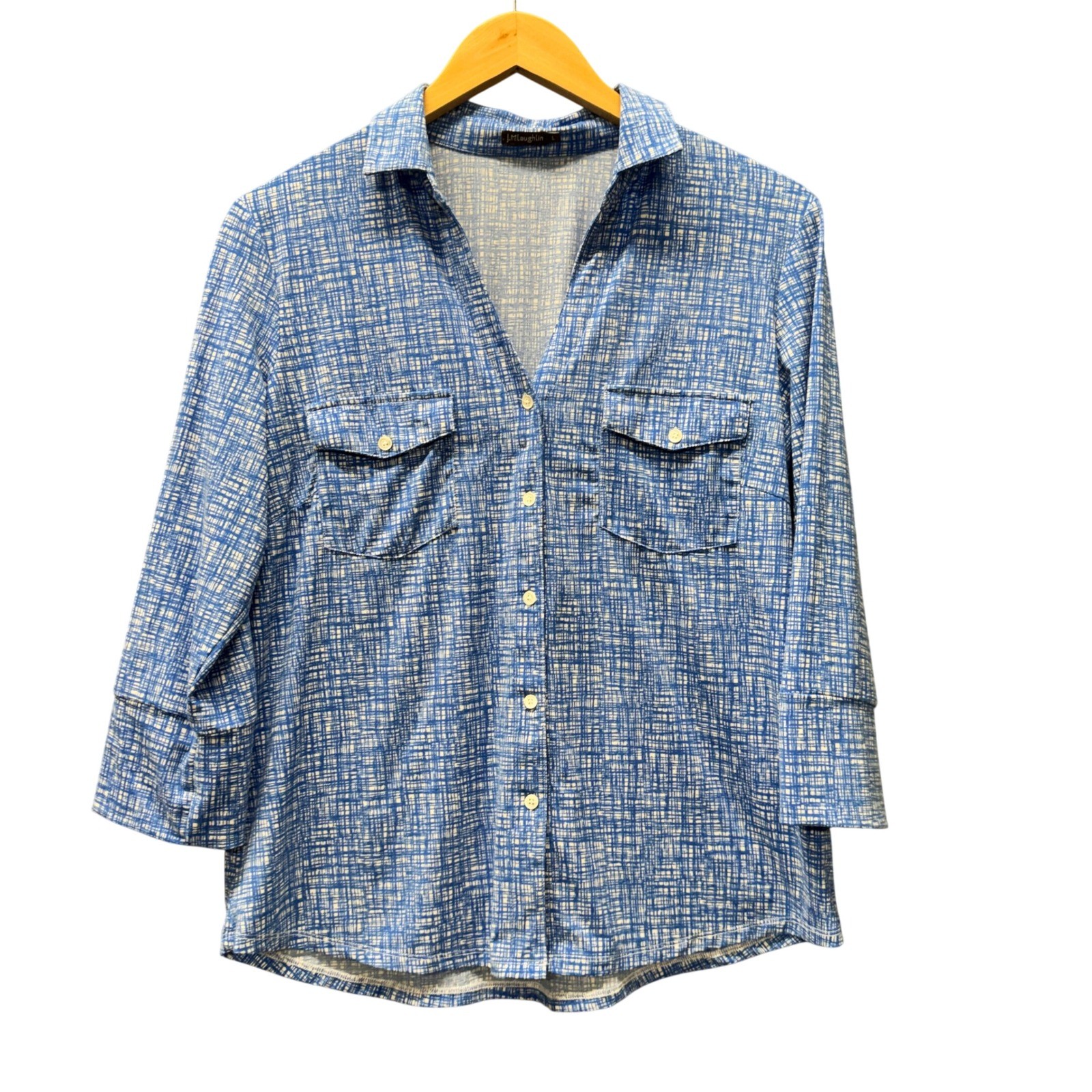 J McLaughlin Blouse Womens Large 3/4 Sleeve Blue Crosshatch Preppy Coastal Top