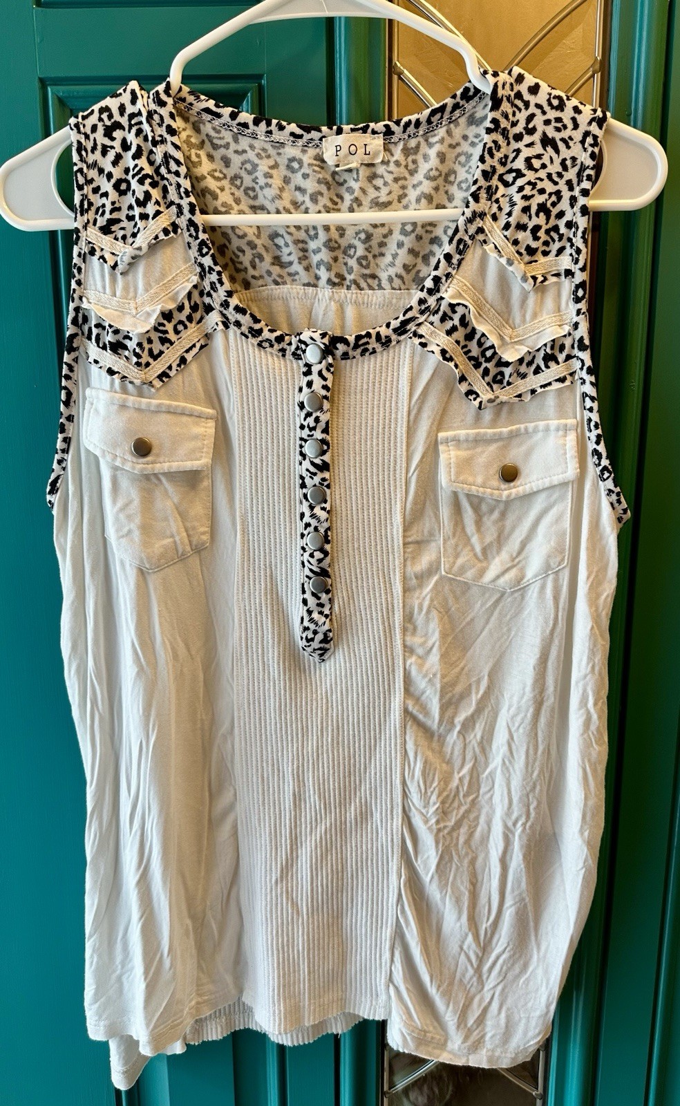 POL Leopard Print Mixed Media Western Tank Top Snap Button Pleated Pocket Small