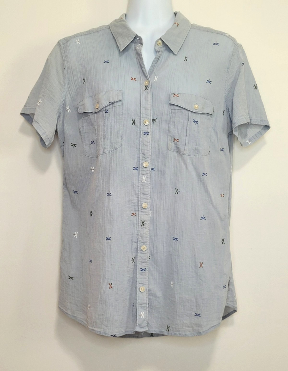 Eddie Bauer Women’s Large Cotton Dragonfly Print Short Sleeve Button Up Shirt