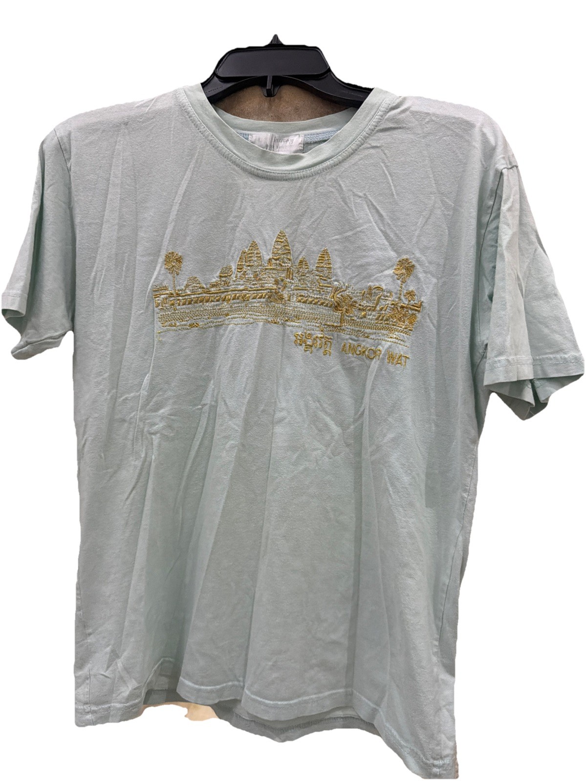 Angkor Wat Cambodian Temple Artisan Handcrafted Gold Embroidered Blue T-Shirt
