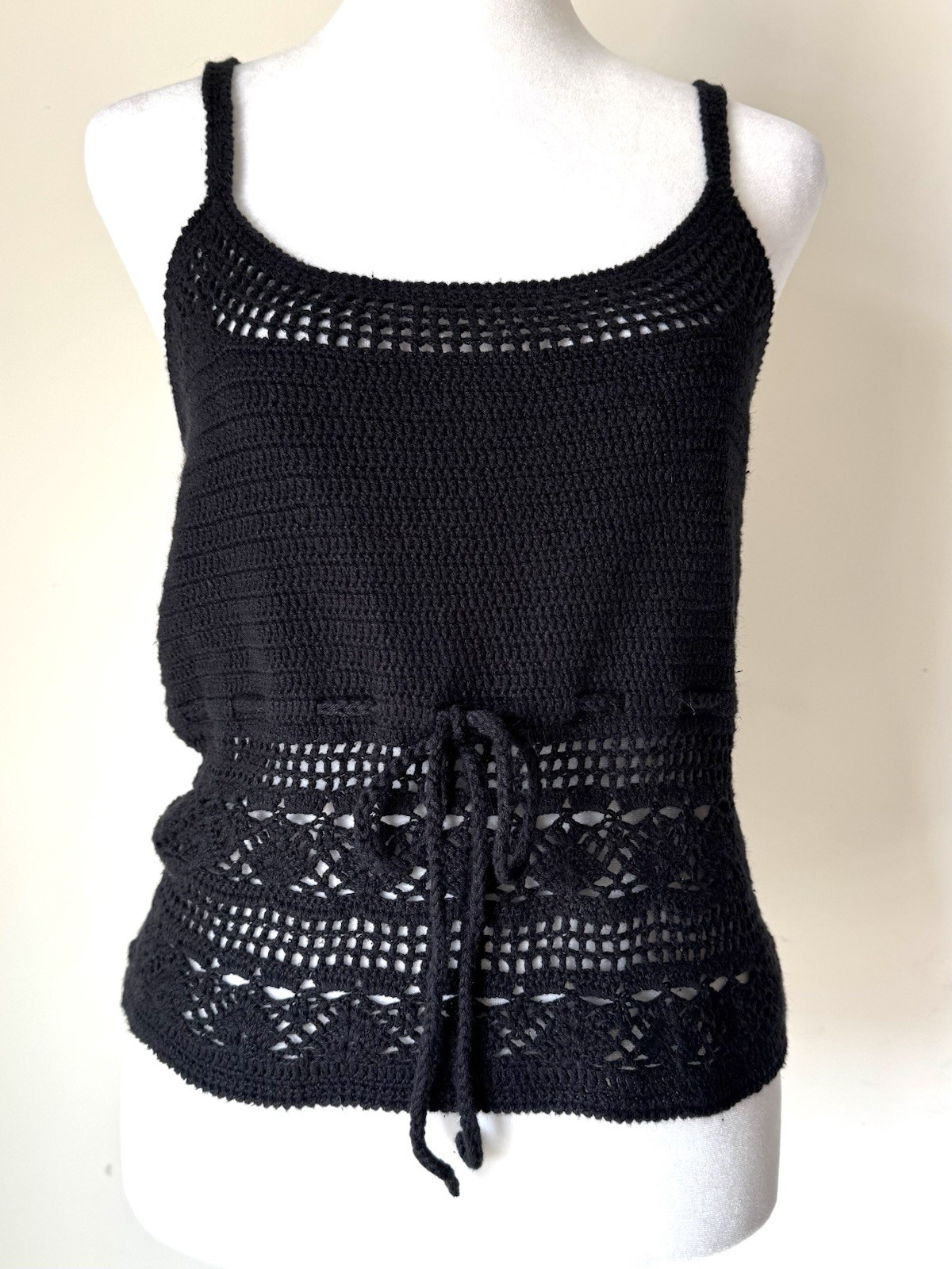 One Step Up Y2K Black Cotton Ramie Crochet Camisole Sz Large 11-13 Vintage NWT