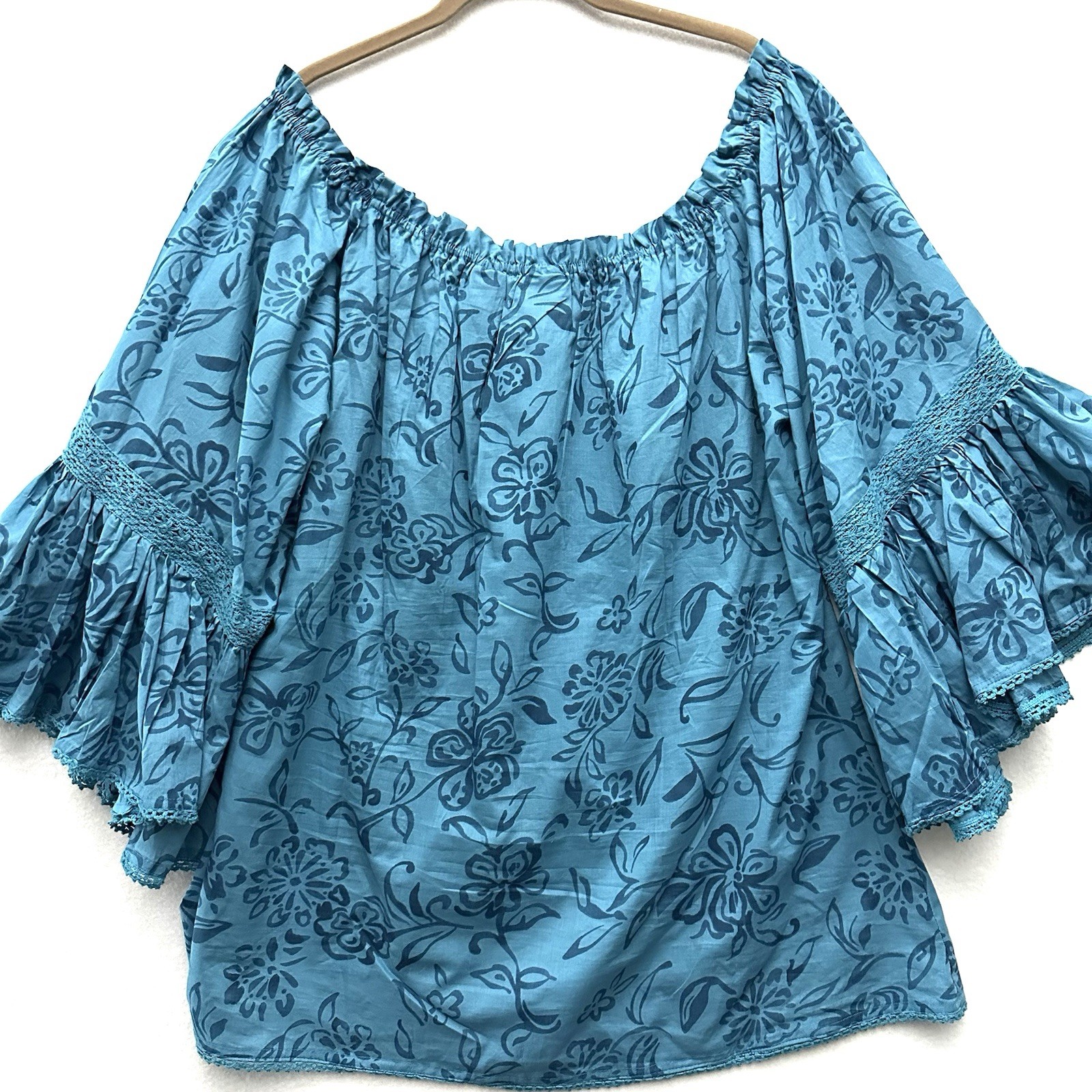 RU Apparel Womens XL Off Shoulder Top Bell Sleeves Elastic Crochet Aloha Western
