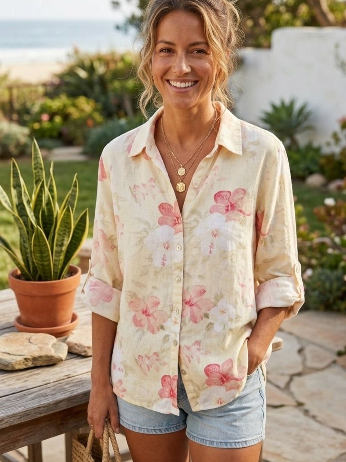 ​Pearl Studio Works 100% Linen Tropical Hibiscus Floral Button Up Shirt Small