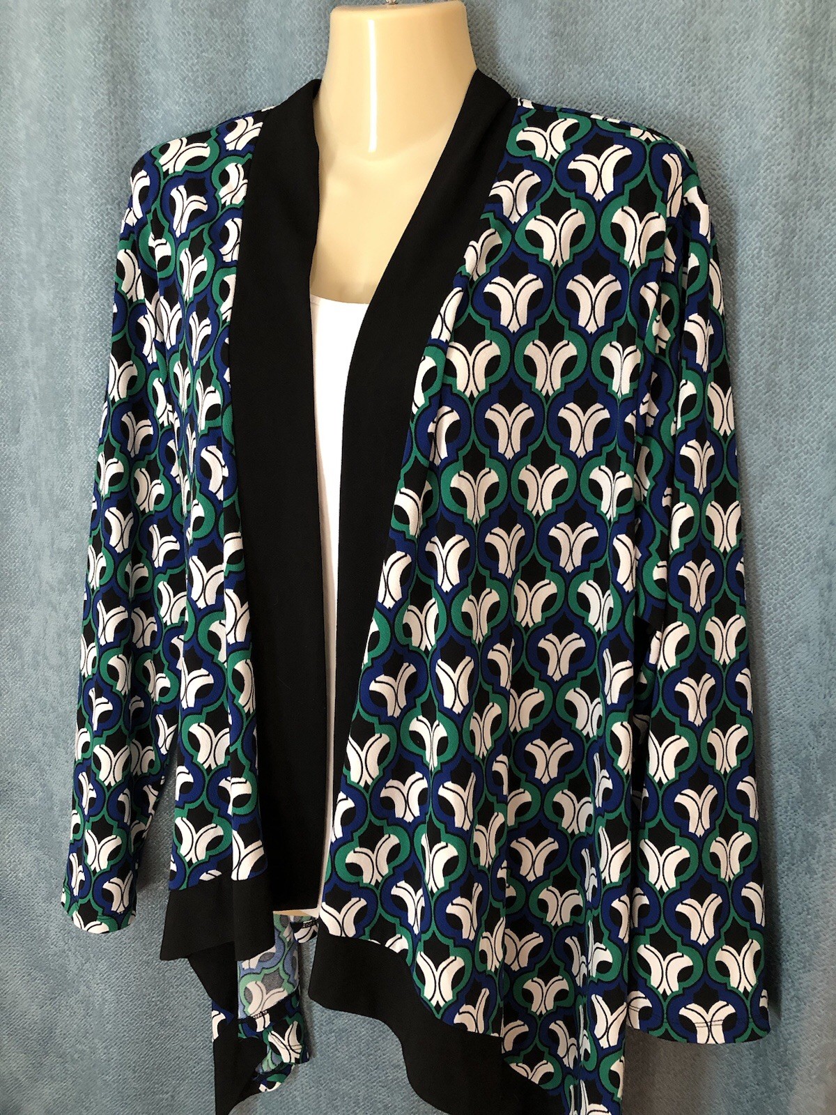 Kasper Easy Care Waterfall Cardigan Jacket Size 2X Blue Green Geometric Print