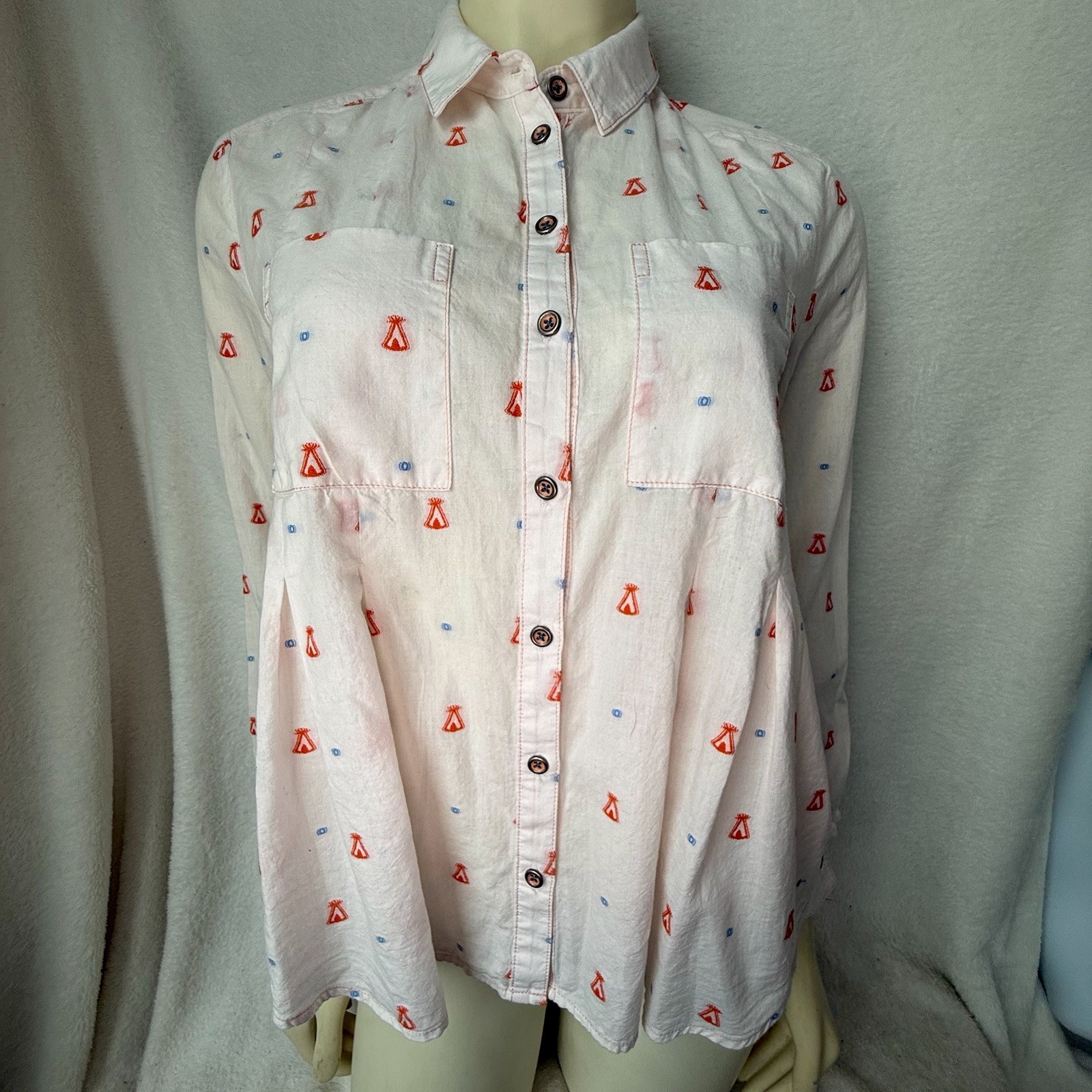 Anthropologie Maeve Women Sz 2 Miette Tipi Button Flip Cuff Shirt Embroidered