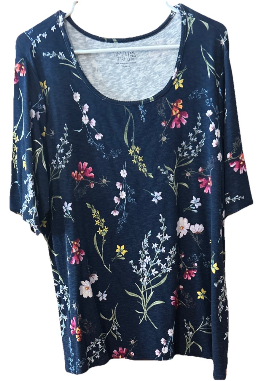 Women’s 2XL Navy Blue Top Shirt Short 1/2 Sleeve Multicolor Stretch Cotton Comfy