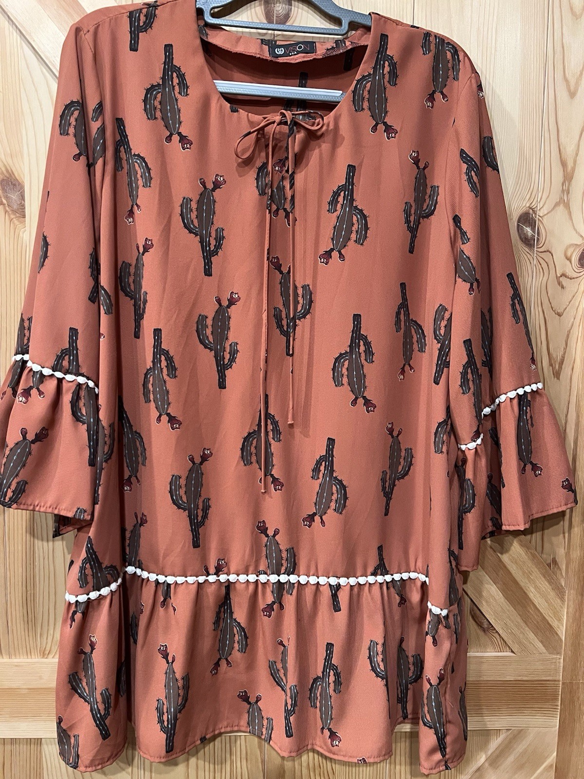Vision USA Women’s Plus 2XL Rust Cactus Tie Neck 3/4 Bell Sleeve Peplum