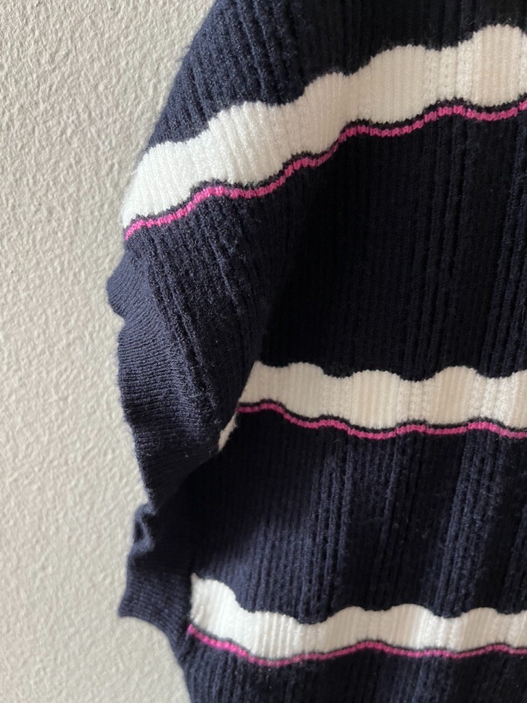 New with Tag! Tahari Knit Woven Navy Pink White Stripes Short Sleeve Viscose Top