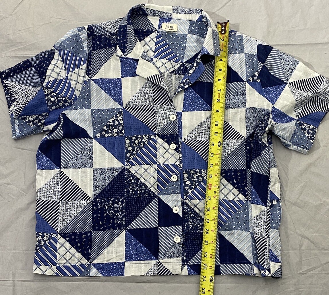 A.N.A. Blue Patchwork Size XL 100% Cotton Button Up Shirt Prairie Quilt Square