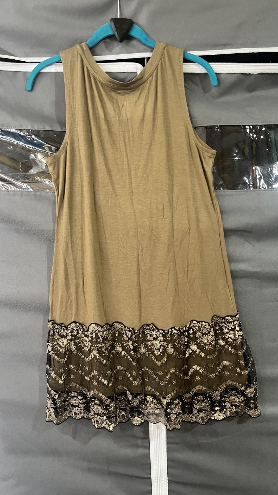 LOGO by Lori Goldstein Knit Tank with Two-Toned Lace Trim, Tan/Gold, S, A282132