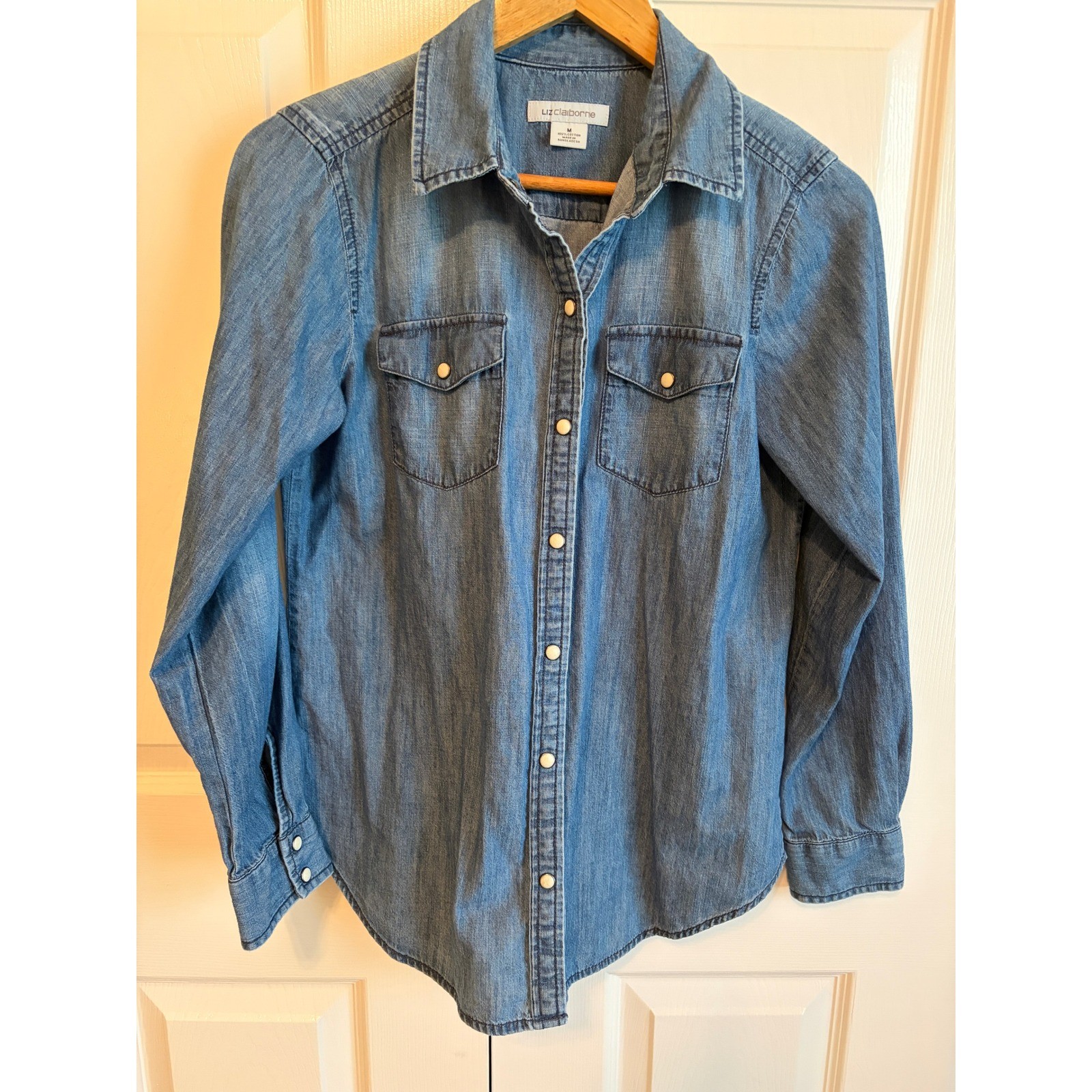 Liz Claiborne Denim Pearl Snap Shirt Vintage 1990s Western Cotton Top Medium