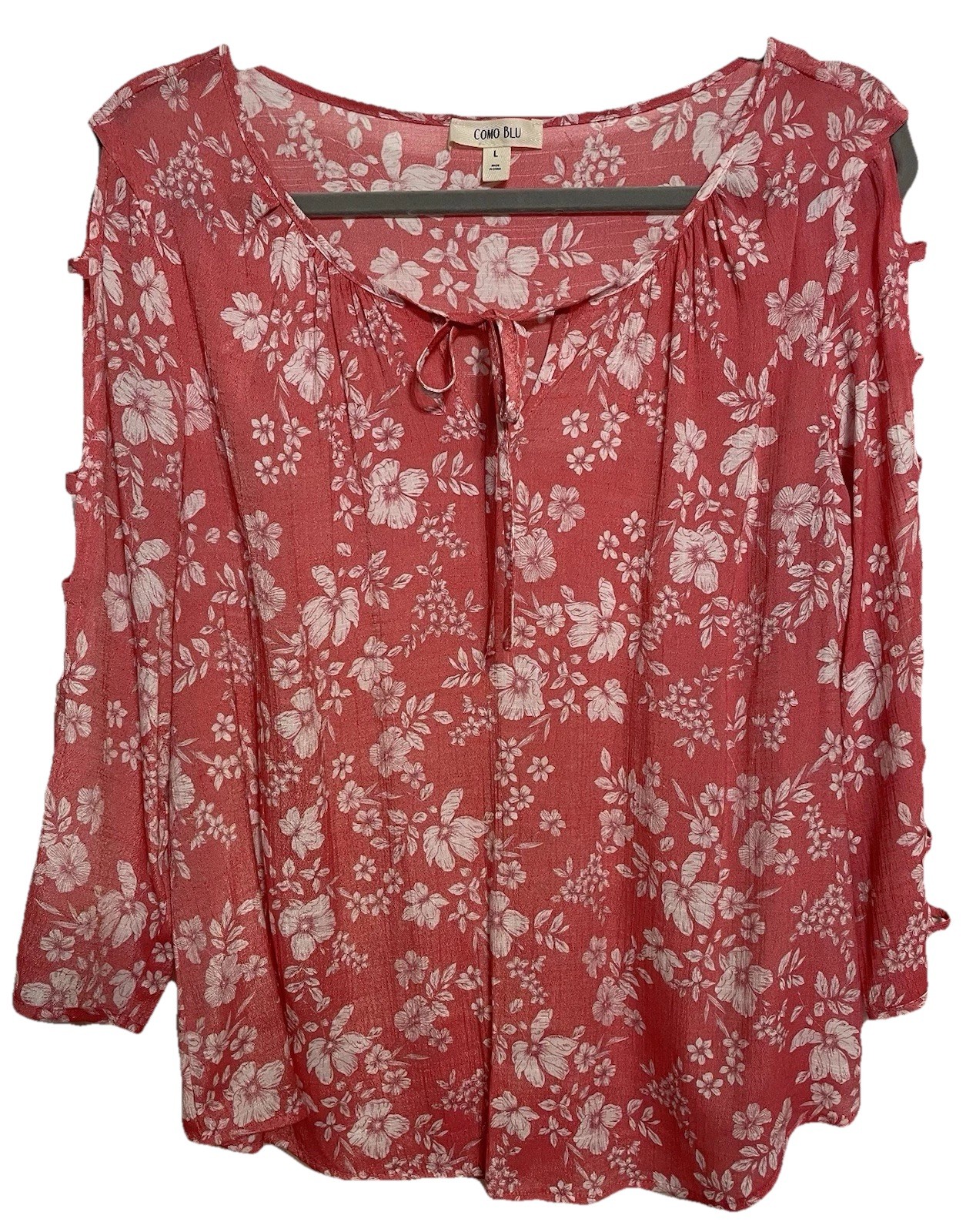 Como Blu 3/4 Sleeve Lightweight V-neck Front Tie Top Blouse L Floral Summer