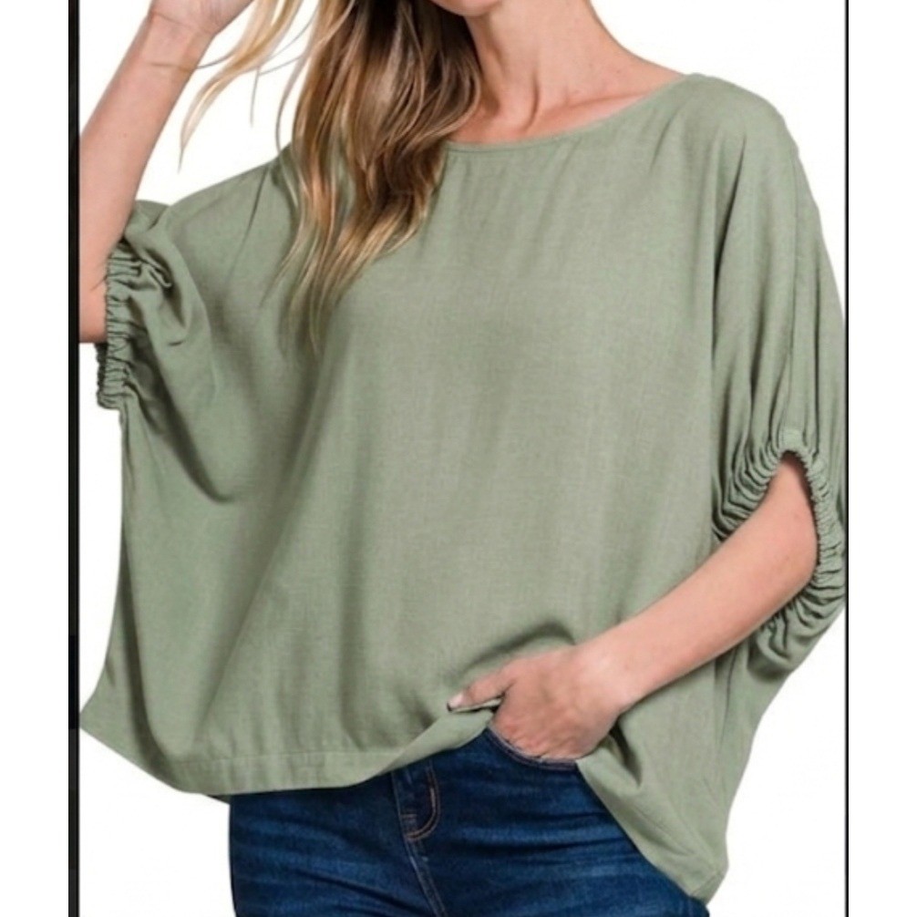 Zenana Woven Oversized 3/4 Sleeve Boxy Top Light Olive Green Rayon Blouse Large
