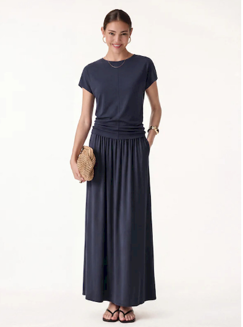OGL 2Pcs Set Round Neck Top & A-Line Maxi Skirt