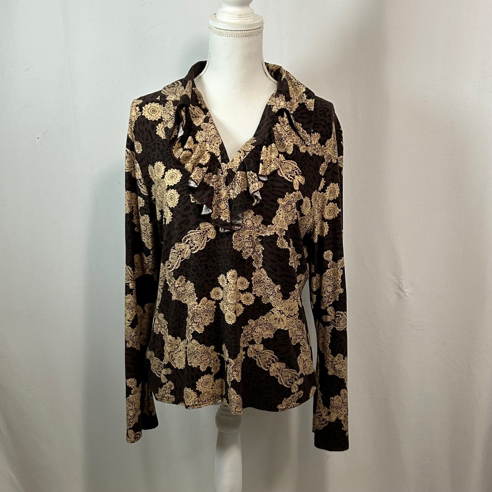 New York City Design Co. Brown Leopard Floral Ruffle V-Neck Long Sleeve Top