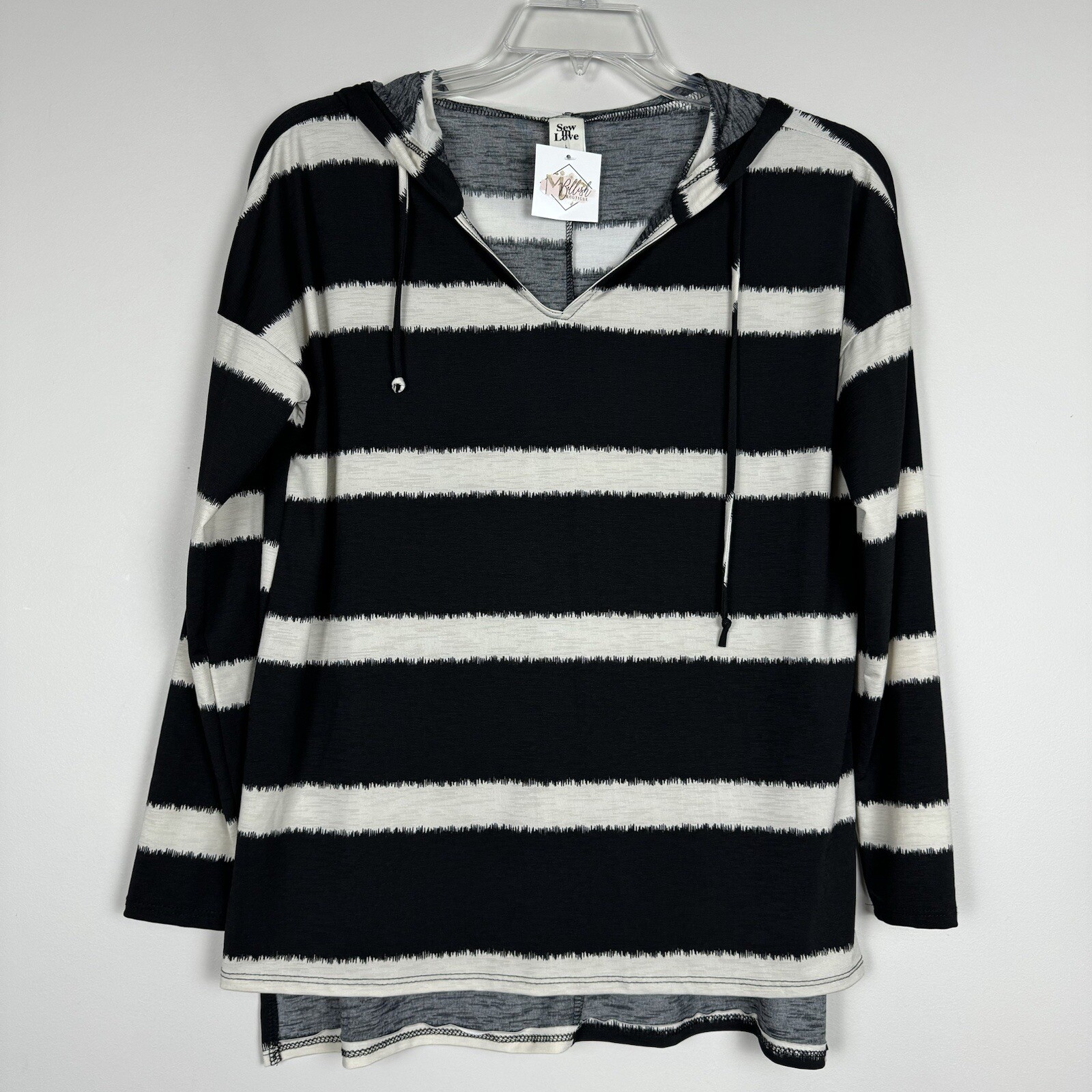 Sew in Love Womens L Hooded Top Striped Cream Black Draw String Stretch NEW