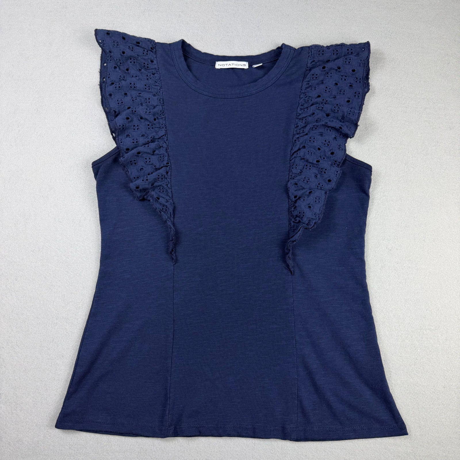 Notations Womens Medium Navy Blue Eyelet Ruffle Sleeve T Shirt Top Flutter