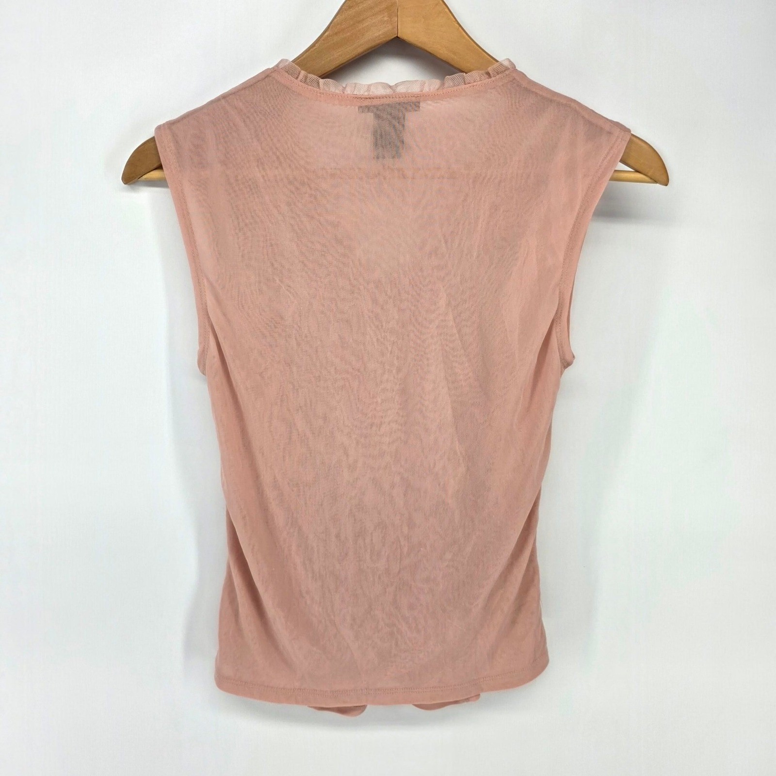 The Limited Top Womens S Pink Ruched Mesh V-Neck Sleeveless Ruffle Trim Blouse