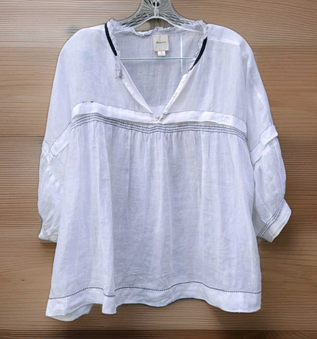 Anthropologie Maeve White V-Neck Blouse Contrast Stitching Sz M Balloon Sleeves