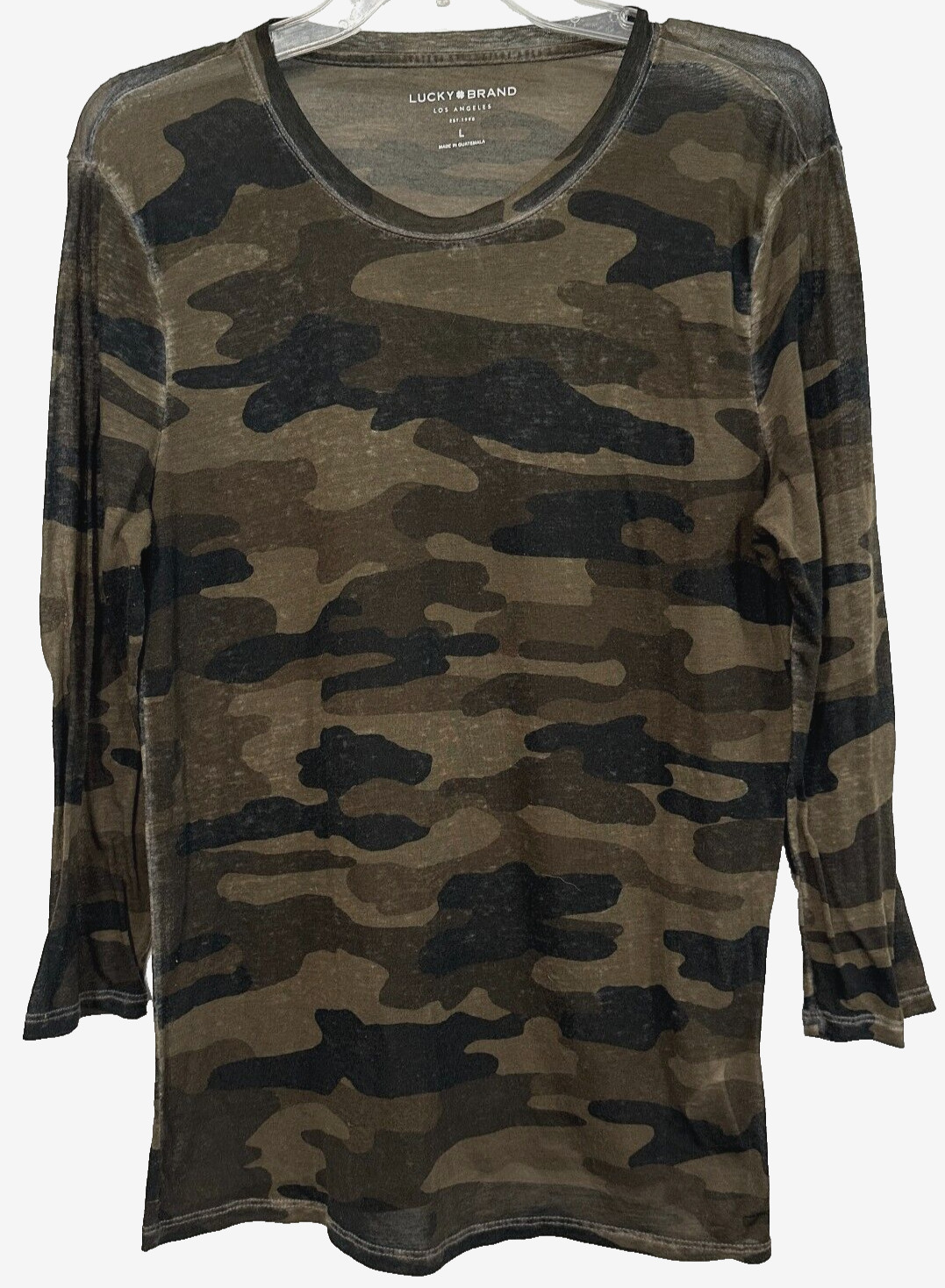 Lucky Brand Camo Pullover Top Semi Sheer Lightweight Stretch Long Sleeves Size L