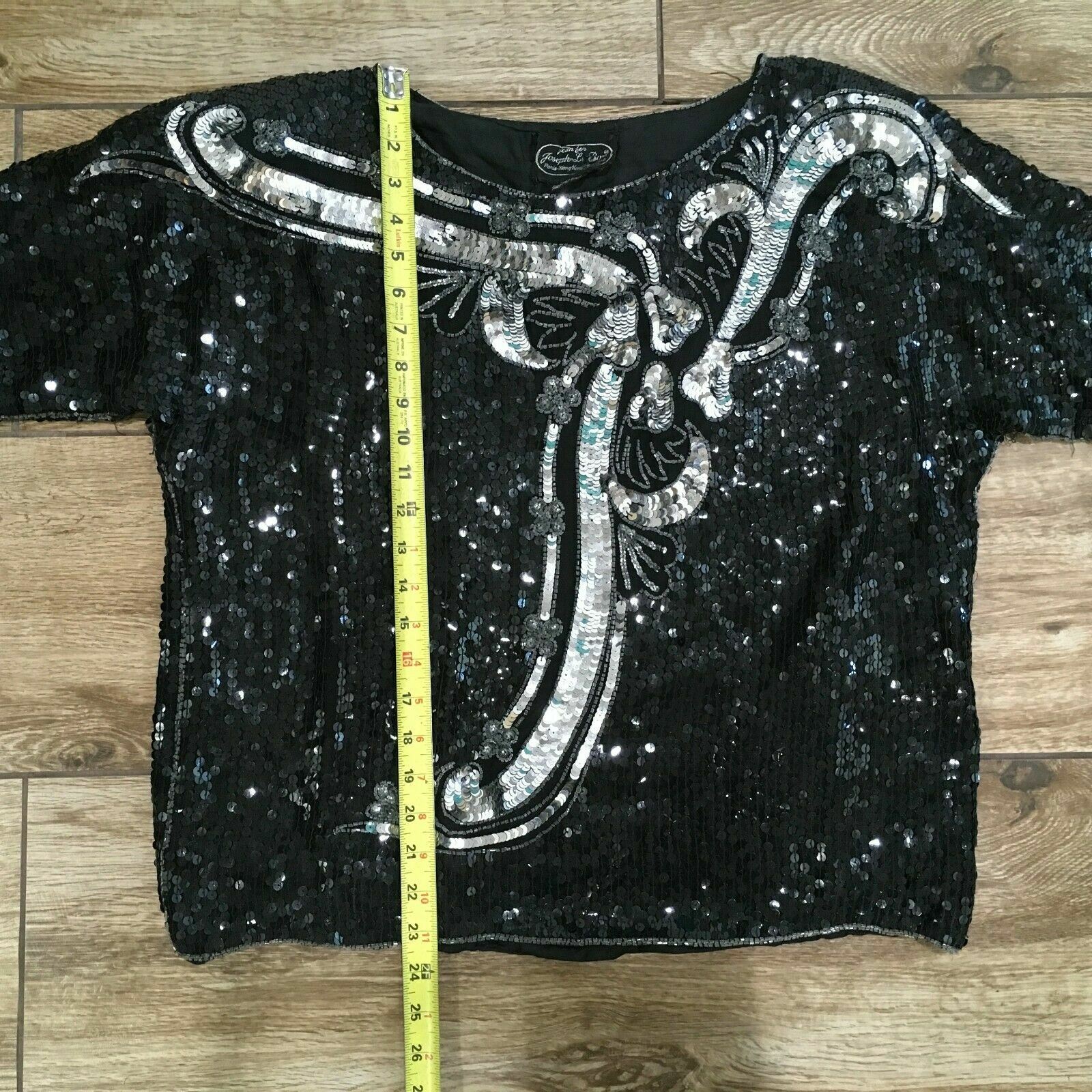 Vintage JEAN for JOSEPH LE BON Silk Black Sequined Floral Top Large Glam
