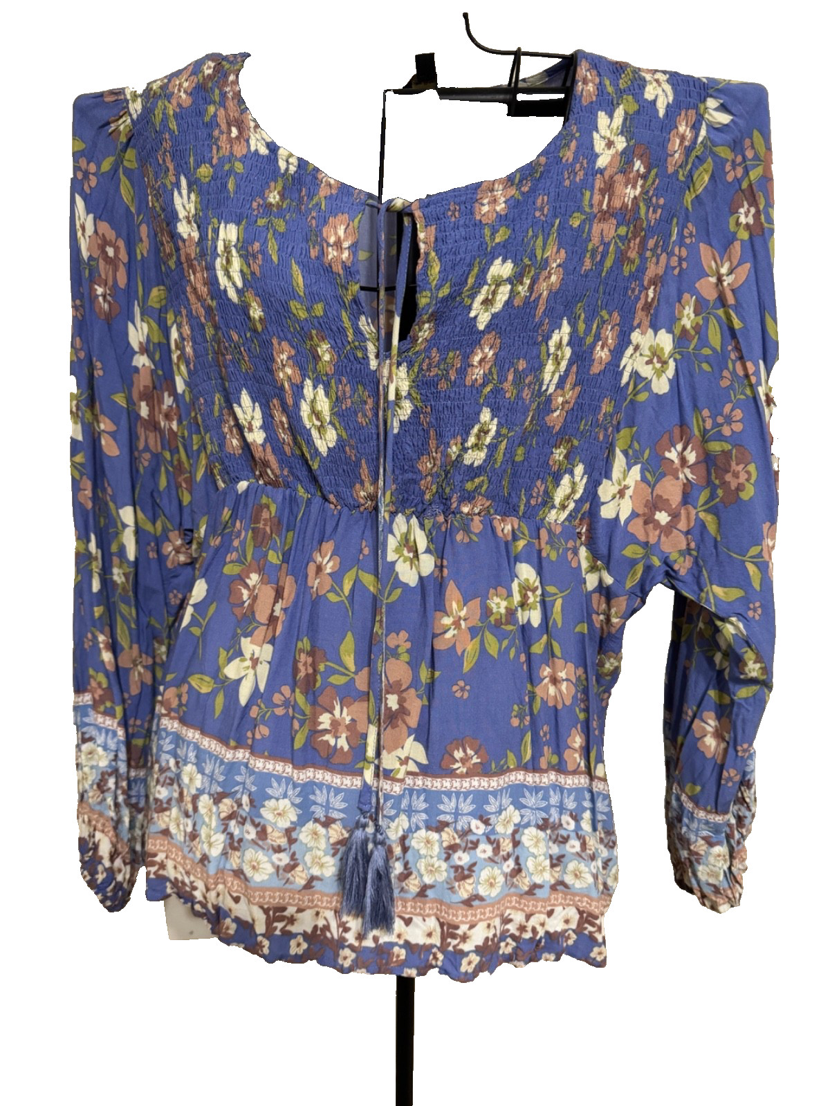 Plus Suzanne Betro Blue Floral Smocked Empire Waist W/Tie Neck 1X