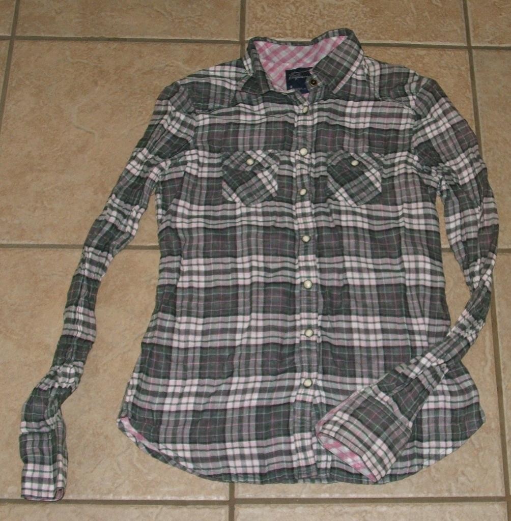 AMERICAN EAGLE Gray & Pink Plaid Sz 2 Snap Front Western Style Cotton Shirt