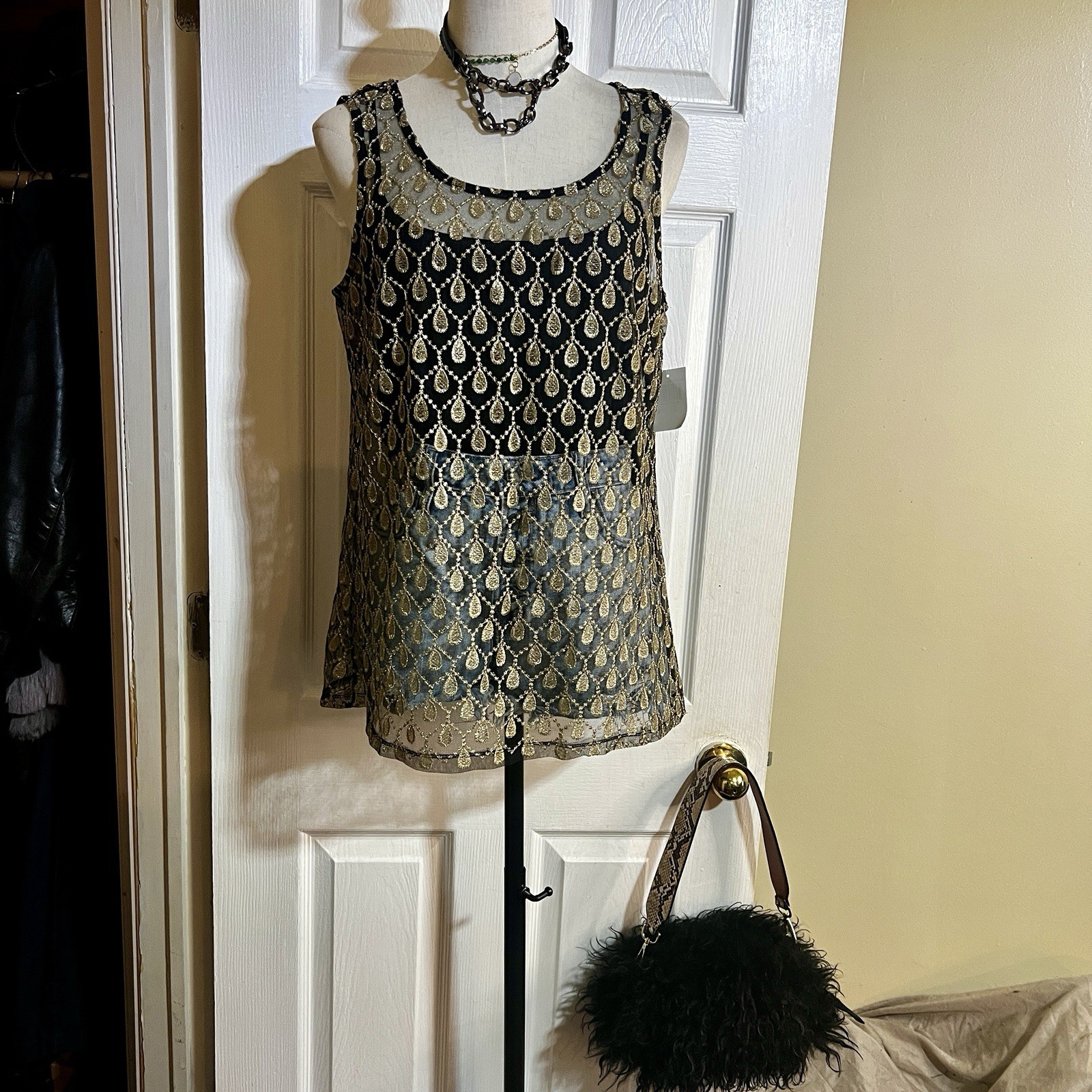 New Wms Gold Metallic Embroidered Sheer Mesh Lined Boho Glam Sleeveless Top L