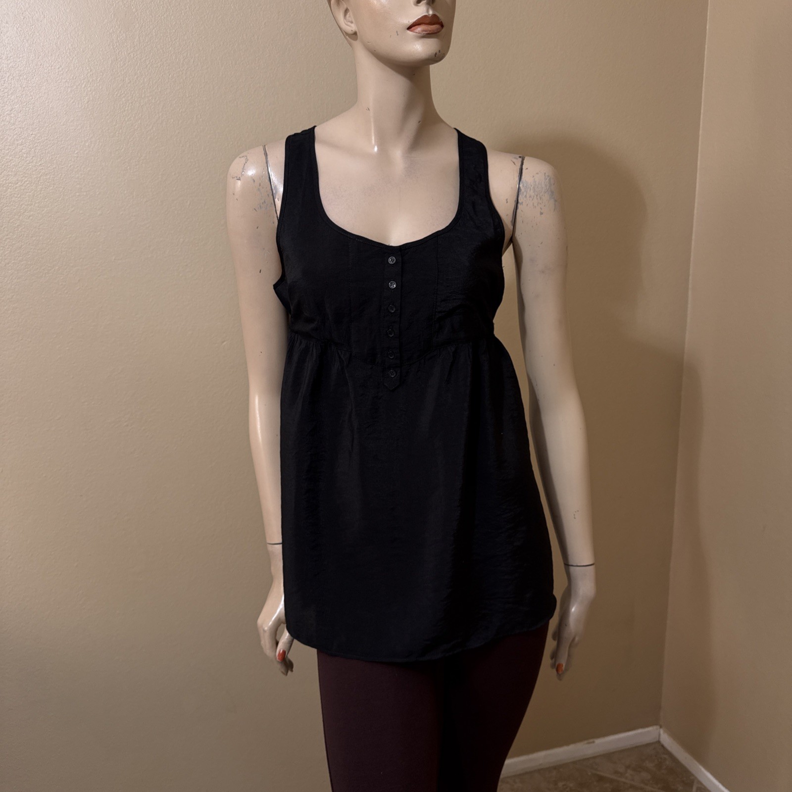 Women’s Black Rayon Casual Summer Open Sheer Button Tied Size L Blouse Top Tunic