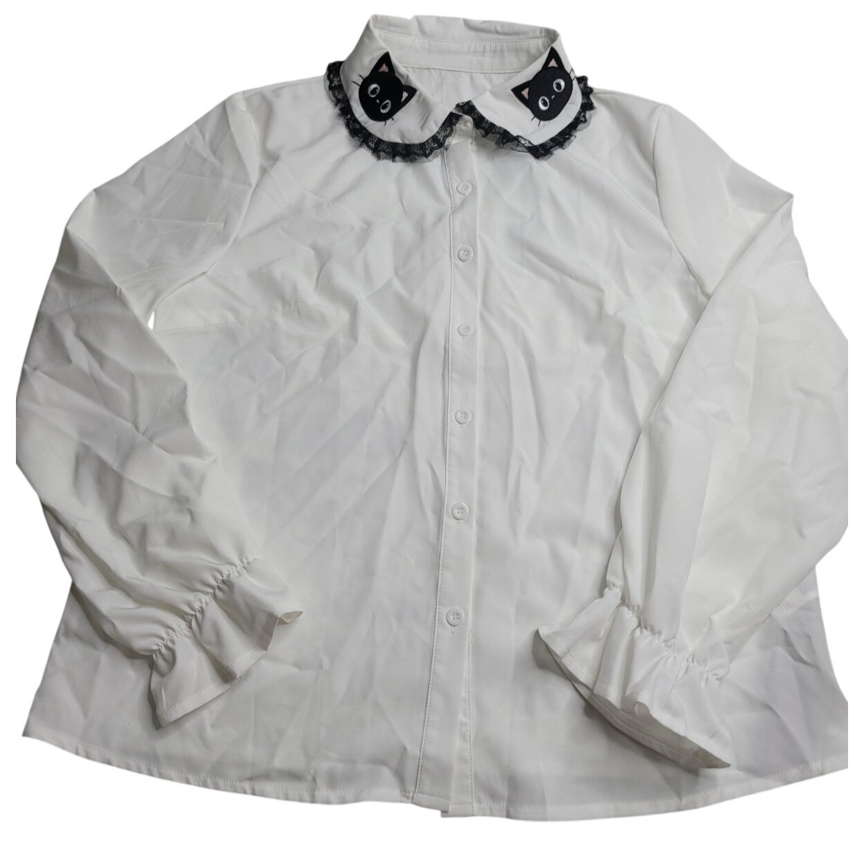 NEW ROMWE White Button Down Blouse Peter Pan Collar with Cat Embroidery Large