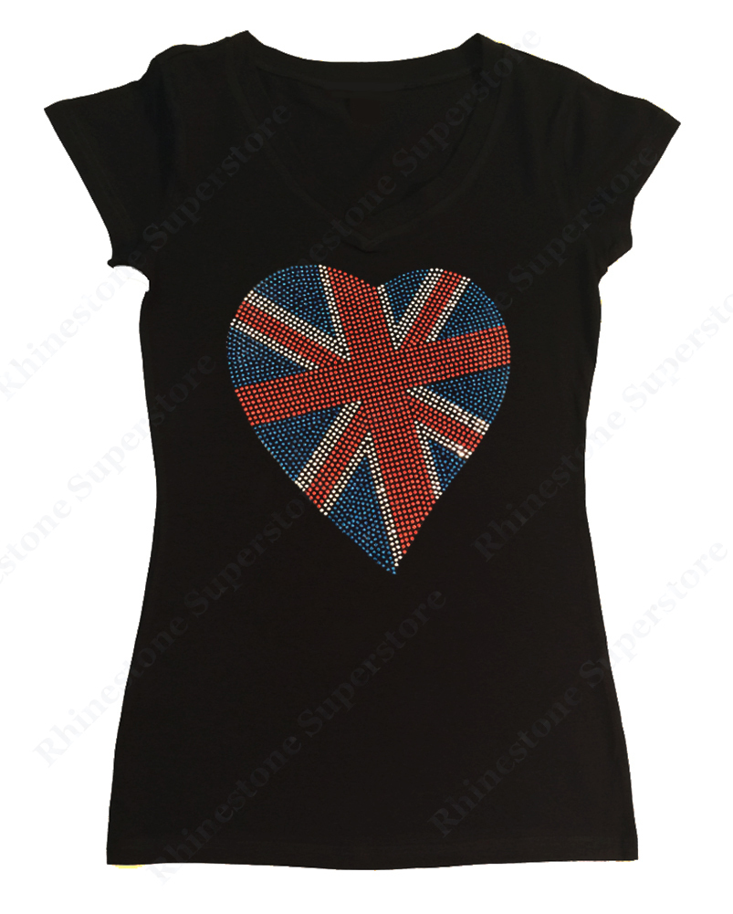 Women’s Rhinestud T-Shirt ” British Flag Heart ” in S, M, L, 1X, 2X, 3X