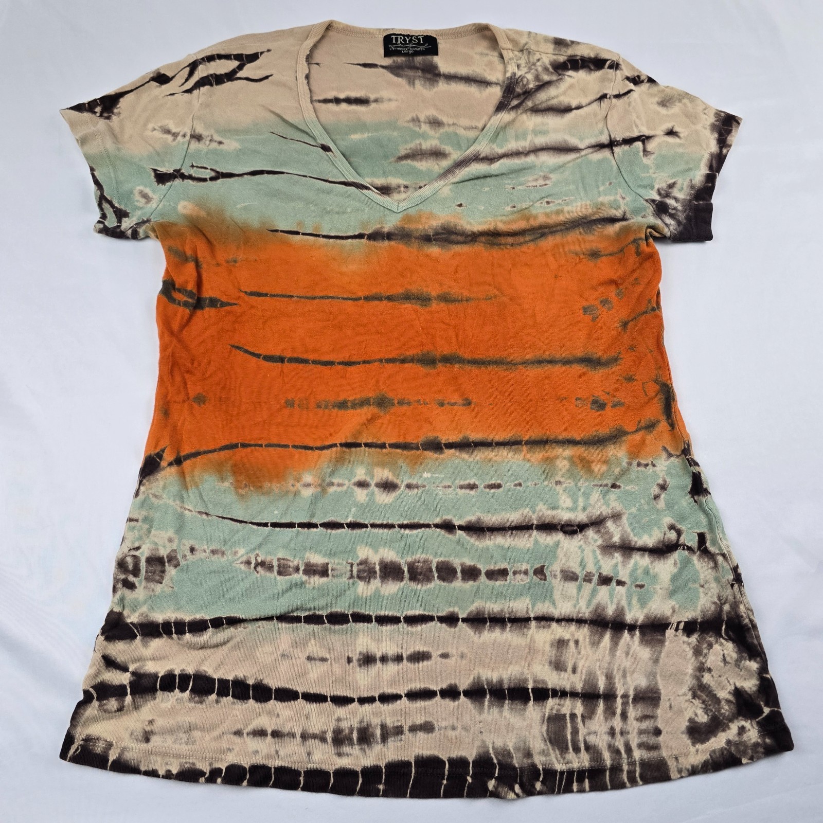 Vintage Tryst Womens L Tie Dye Short Sleeve T Shirt V Neck Orange Blue Boho Y2K