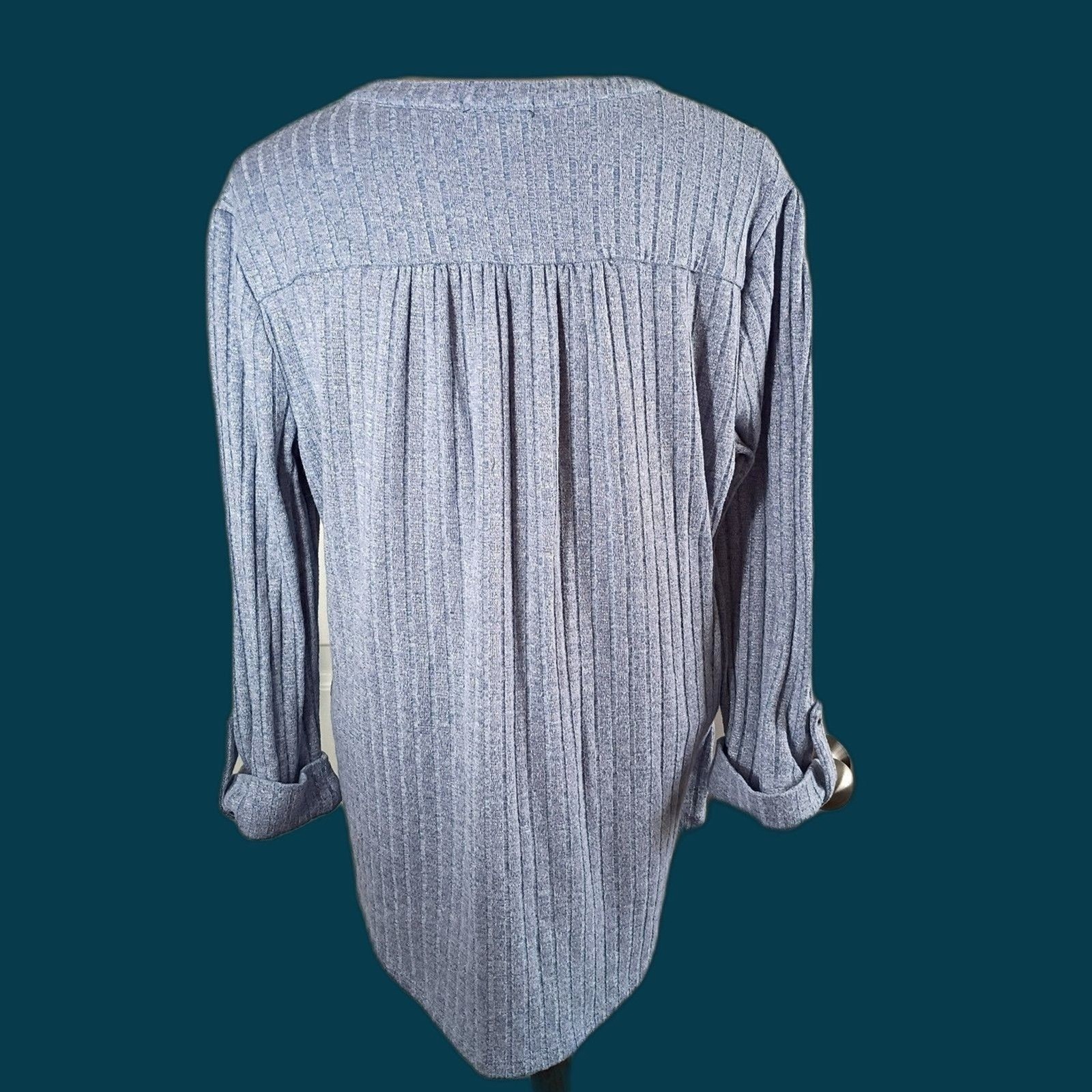 Cocomo Blue and Silver V Neck Swing Sweater Ribbed Button Up Roll Tab Sleeve L