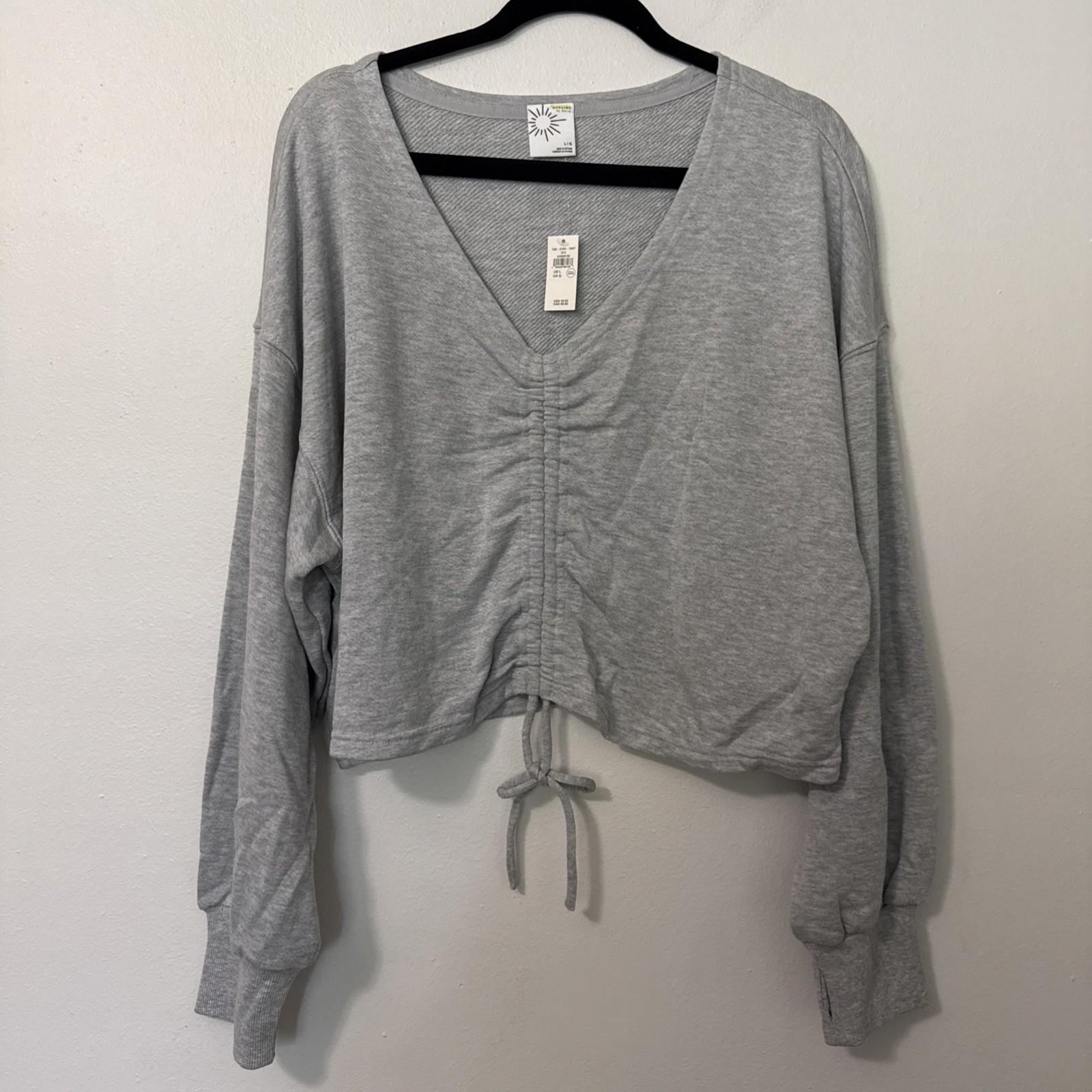 OFFLINE by Aerie Gray Knit Cropped Top Size Large Drawstring Ruched Thumb Holes