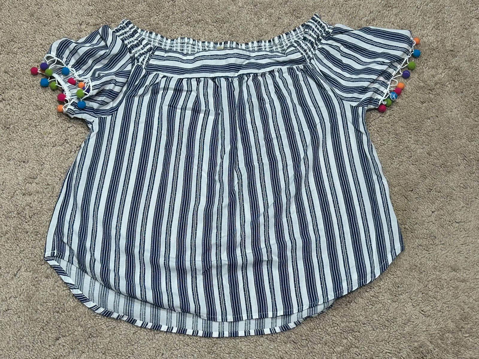 Lily White Womens Shirt Size Medium Multicolor Off the Shoulder Pom Pom Accent