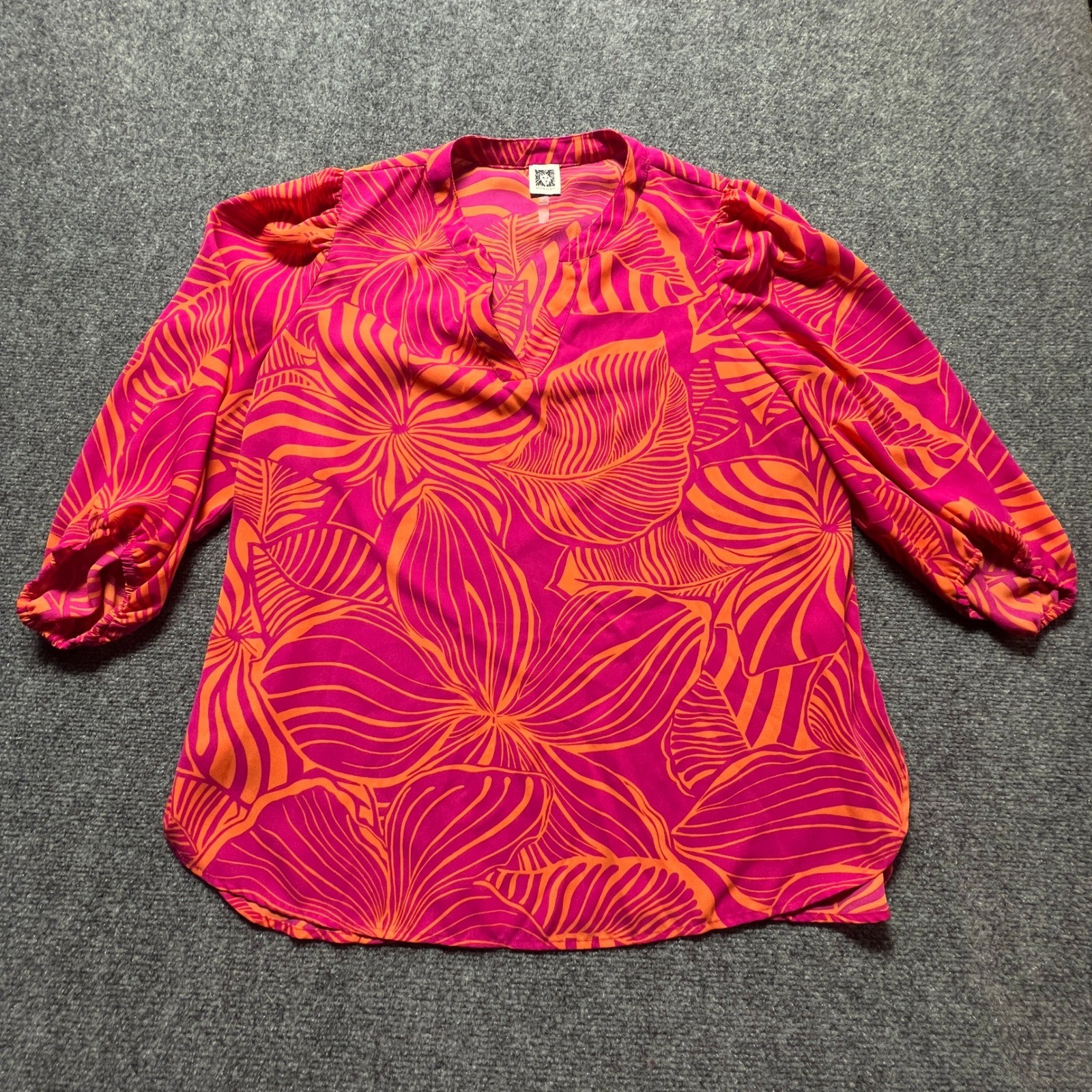 Anne Klein Pink Orange Tropical Leaf Print 3/4 Sleeve Blouse XL Split Neck Top