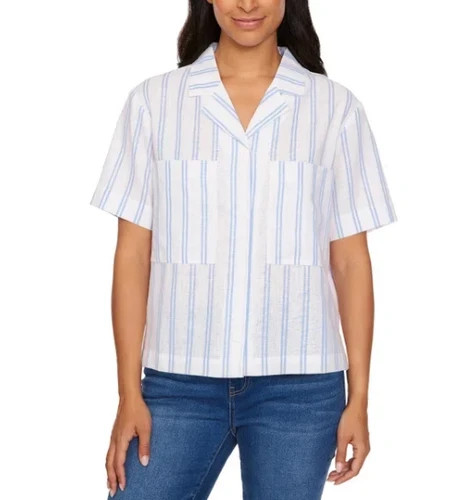 NWT Buffalo David Bitton Linen Blend Short Sleeve White w/ Blue Stripes M