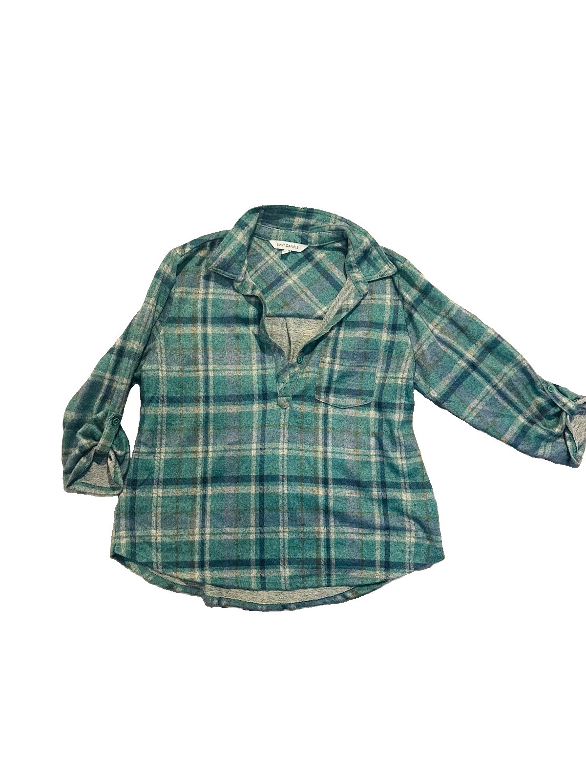 Emily Daniels Women’s 3/4 Sleeve Plaid Blouse Top Olive Green & White NWT