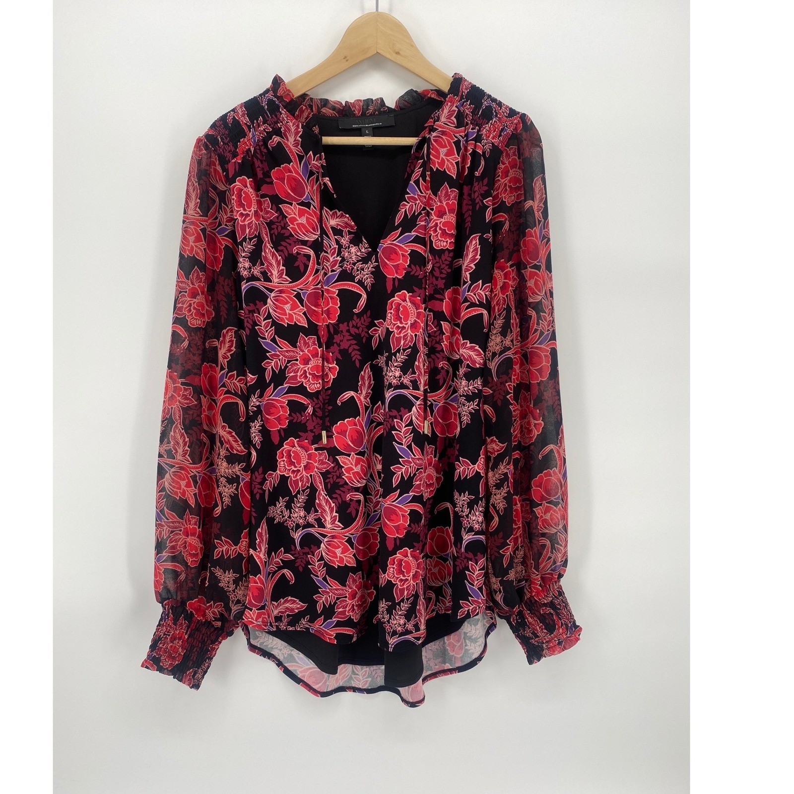 White House Black Market Floral Blouse Womens Large Black Red Excellent Tassels