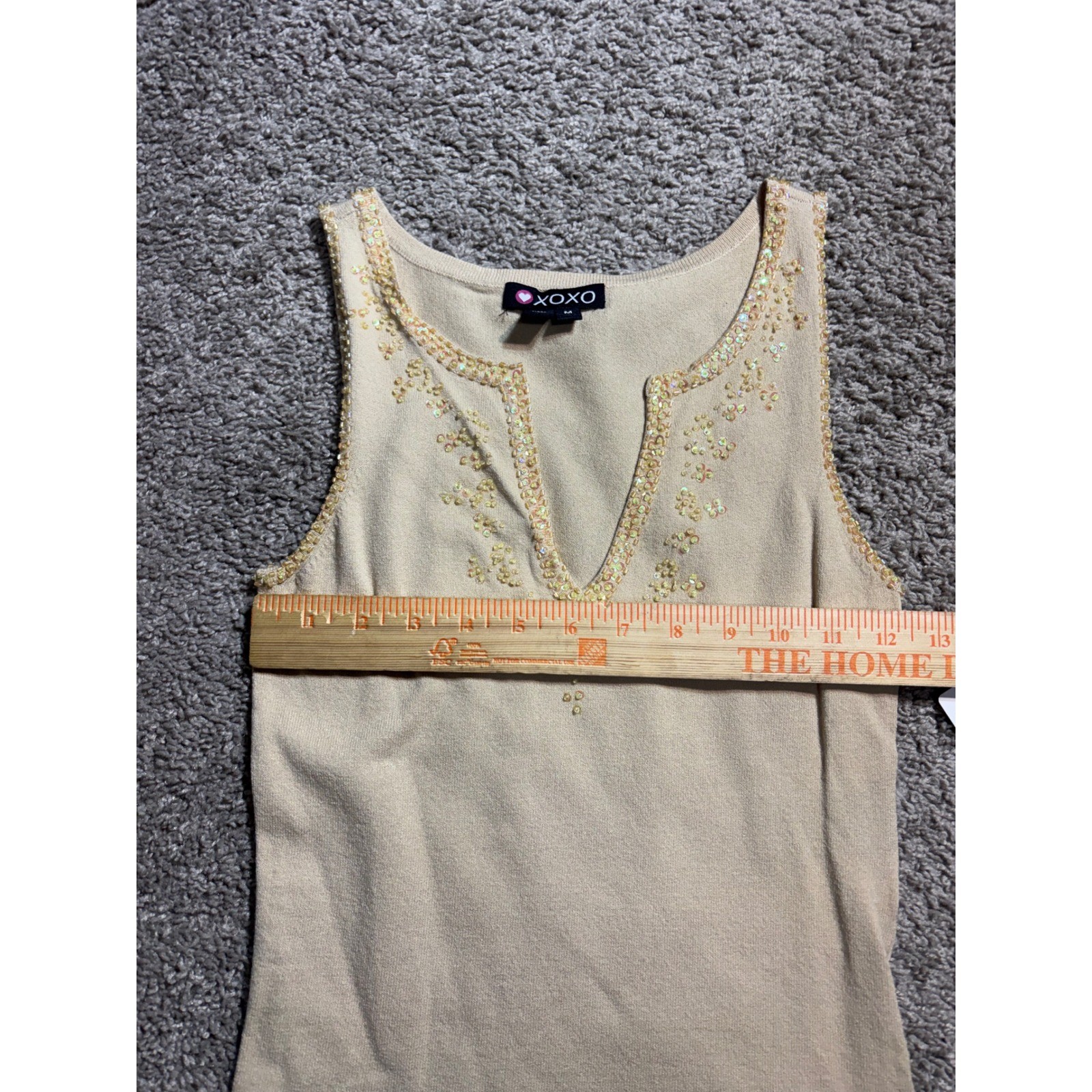 XOXO Womens Tan Beige Sequin Embellished Split Neck Knit Tank Top Size M NWT Y2K