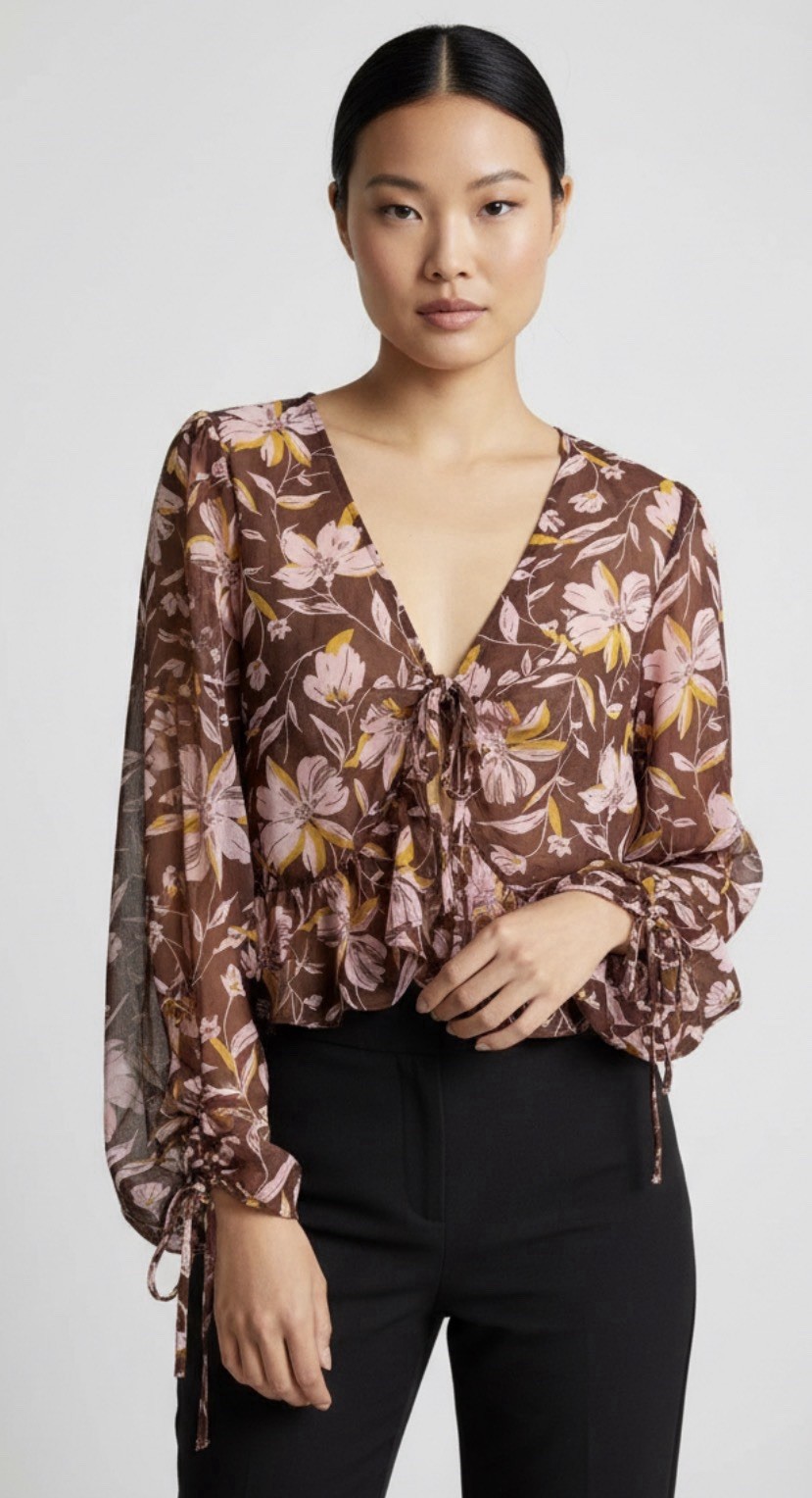 WAYF Pink Floral Sheer Ruffle Blouse Womens Size L Brown Pink Cropped Boho New